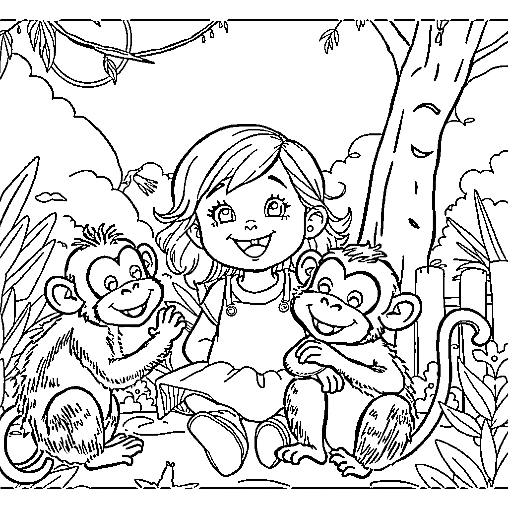 Pickle child playing with cute monkeys in the jungle Coloring Page (free black-and-white line drawing printable PDF for all, from beginners to advanced learners, including children, teens, adults, and seniors)