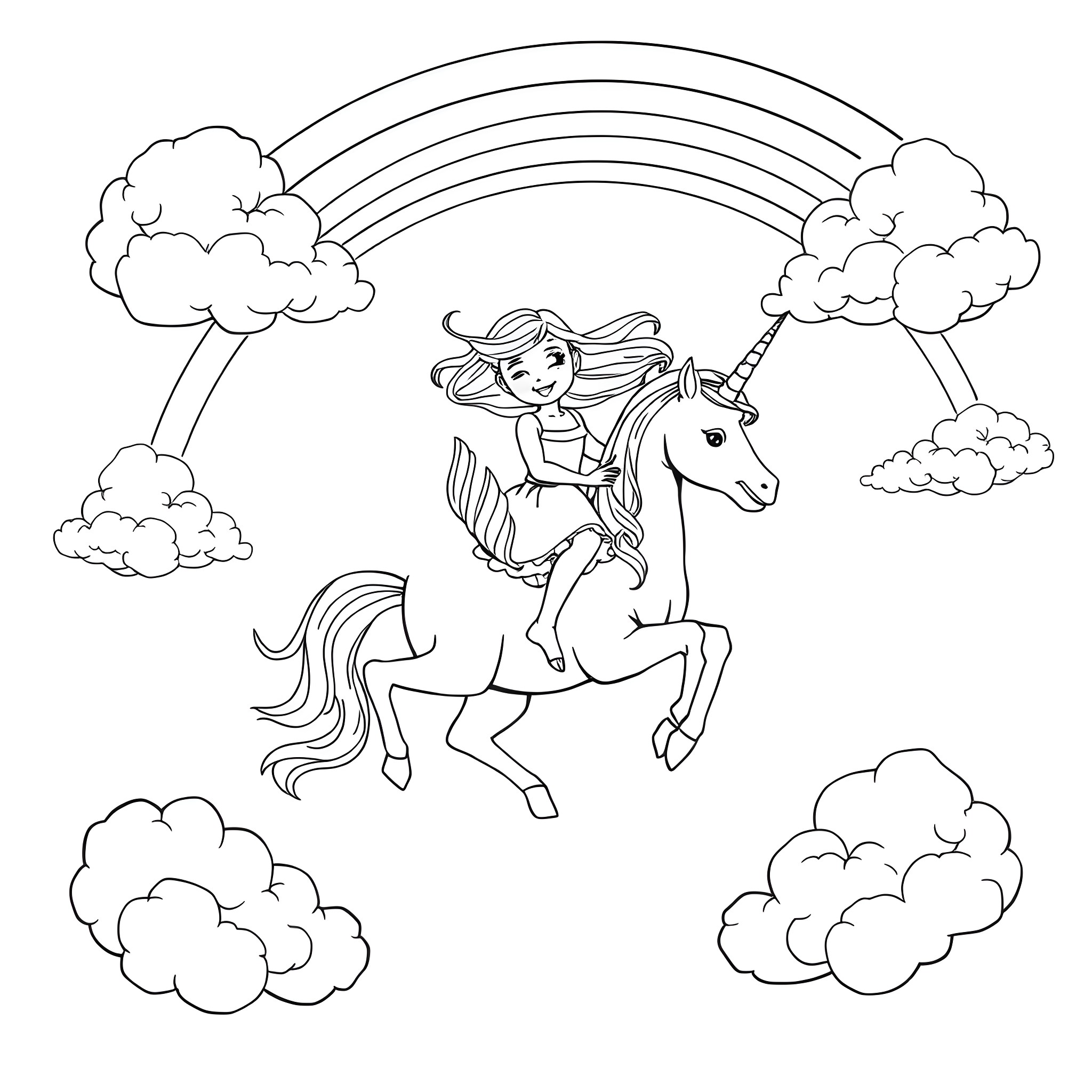 Unicorn Riding Girl in a Magical Cloudy Sky Coloring Page (free black-and-white line drawing printable PDF for all, from beginners to advanced learners, including children, teens, adults, and seniors)