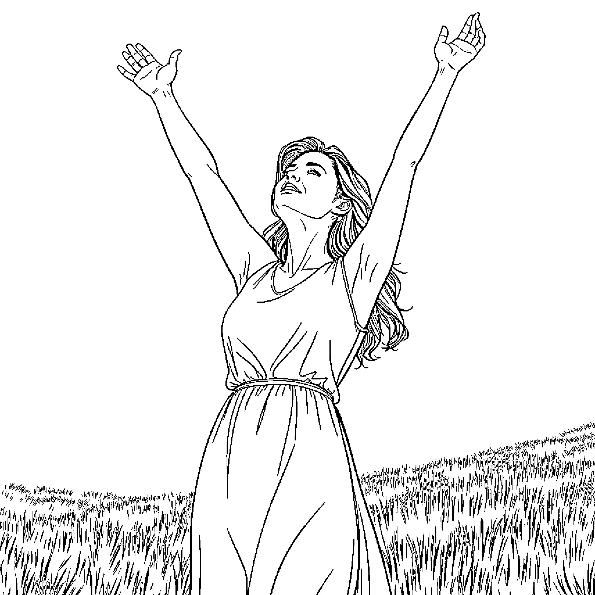 Woman celebrating joyfully in a meadow Coloring Page (free black-and-white line drawing printable PDF for all, from beginners to advanced learners, including children, teens, adults, and seniors)