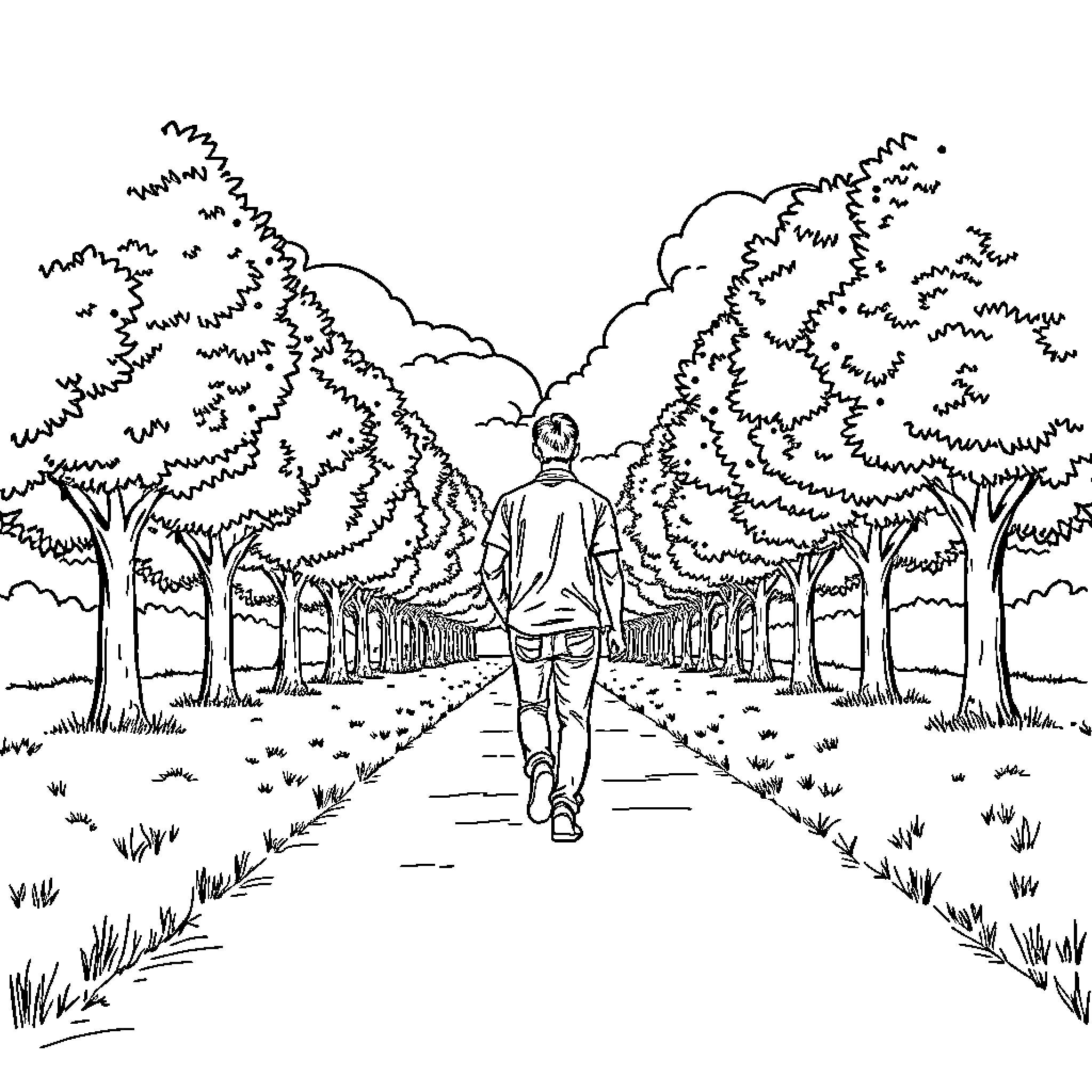 Man walking alone in peaceful nature Coloring Page (free black-and-white line drawing printable PDF for all, from beginners to advanced learners, including children, teens, adults, and seniors)