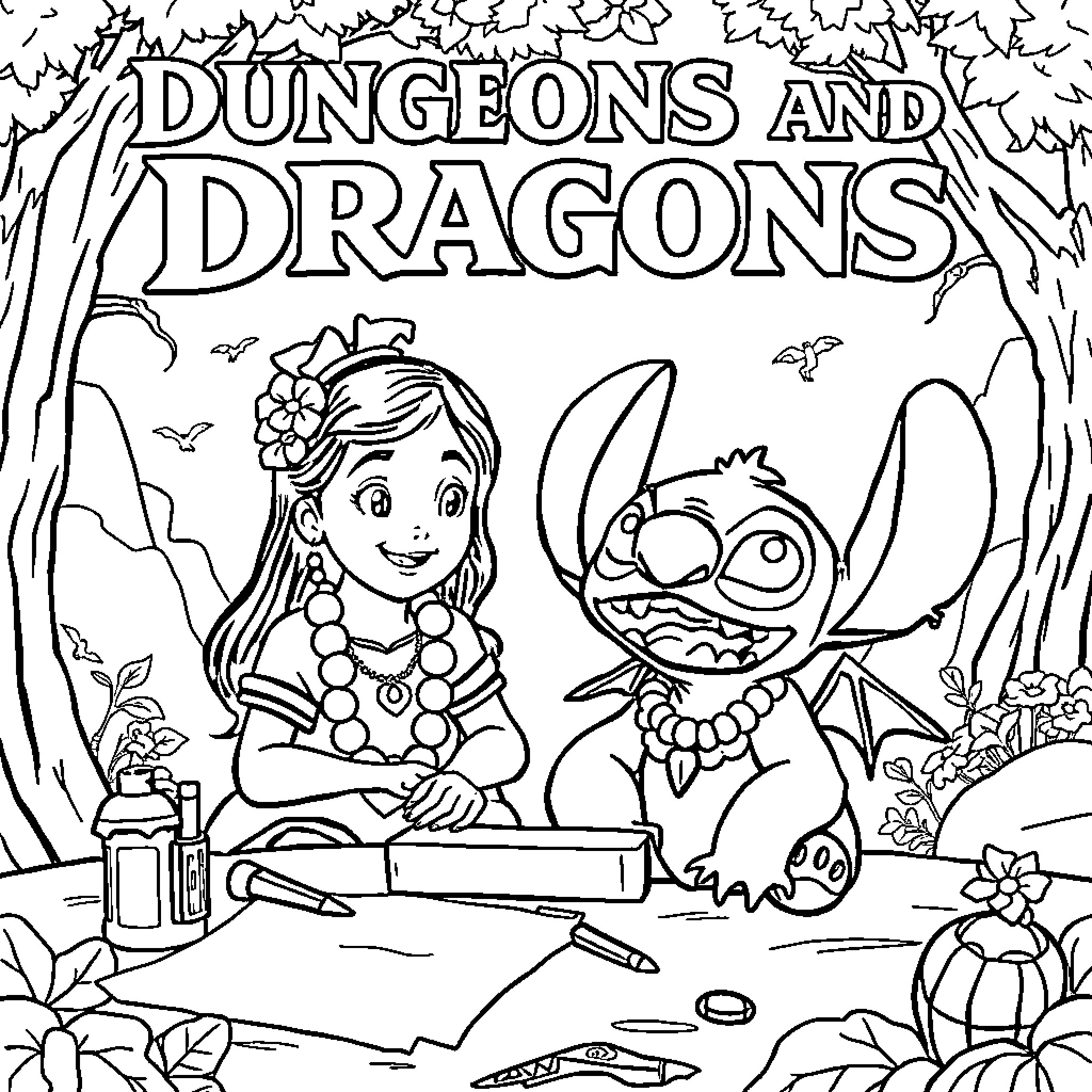 Lilo And Stitch exploring the jungle together Coloring Page (free black-and-white line drawing printable PDF for all, from beginners to advanced learners, including children, teens, adults, and seniors)
