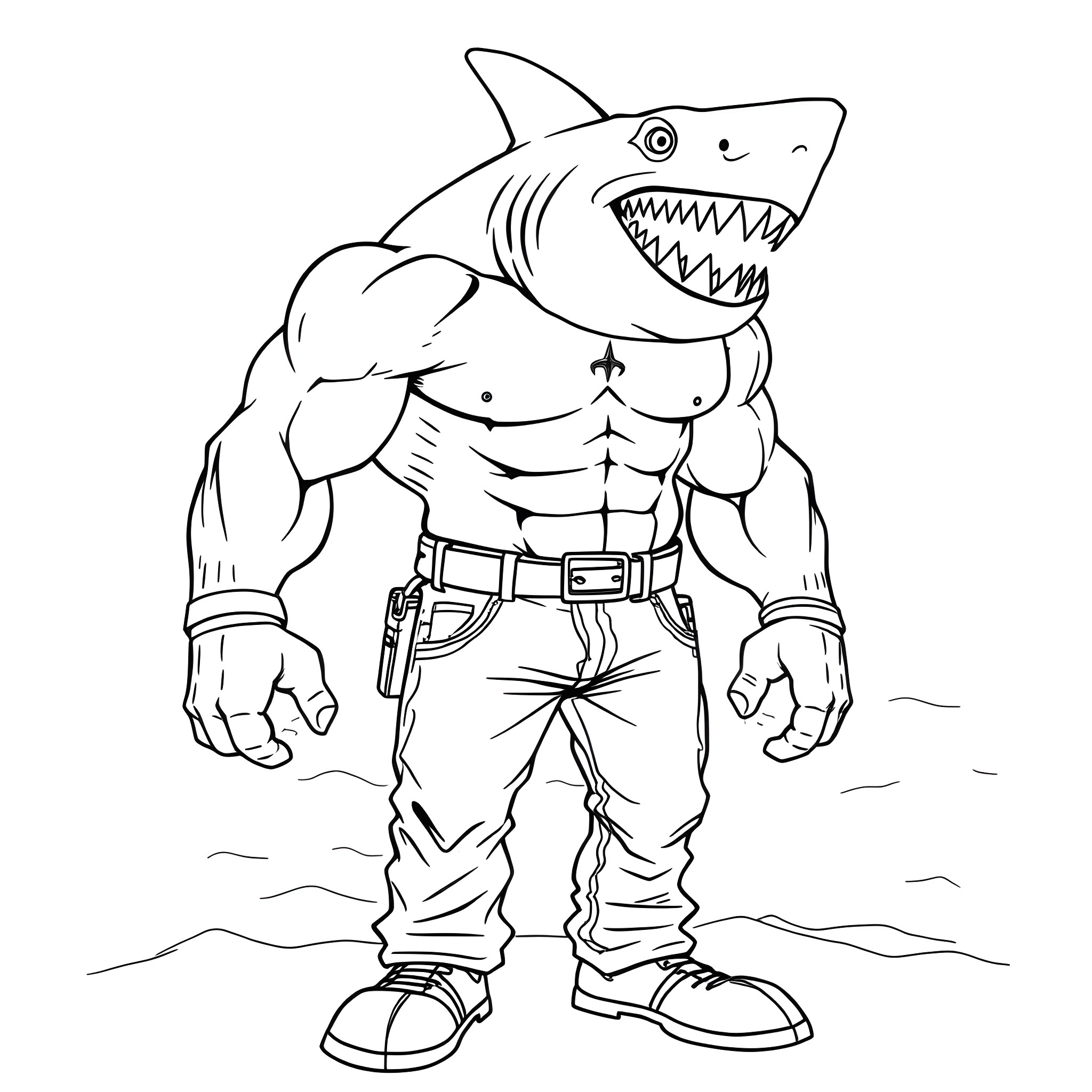 Shark man in action pose Coloring Page (free black-and-white line drawing printable PDF for all, from beginners to advanced learners, including children, teens, adults, and seniors)