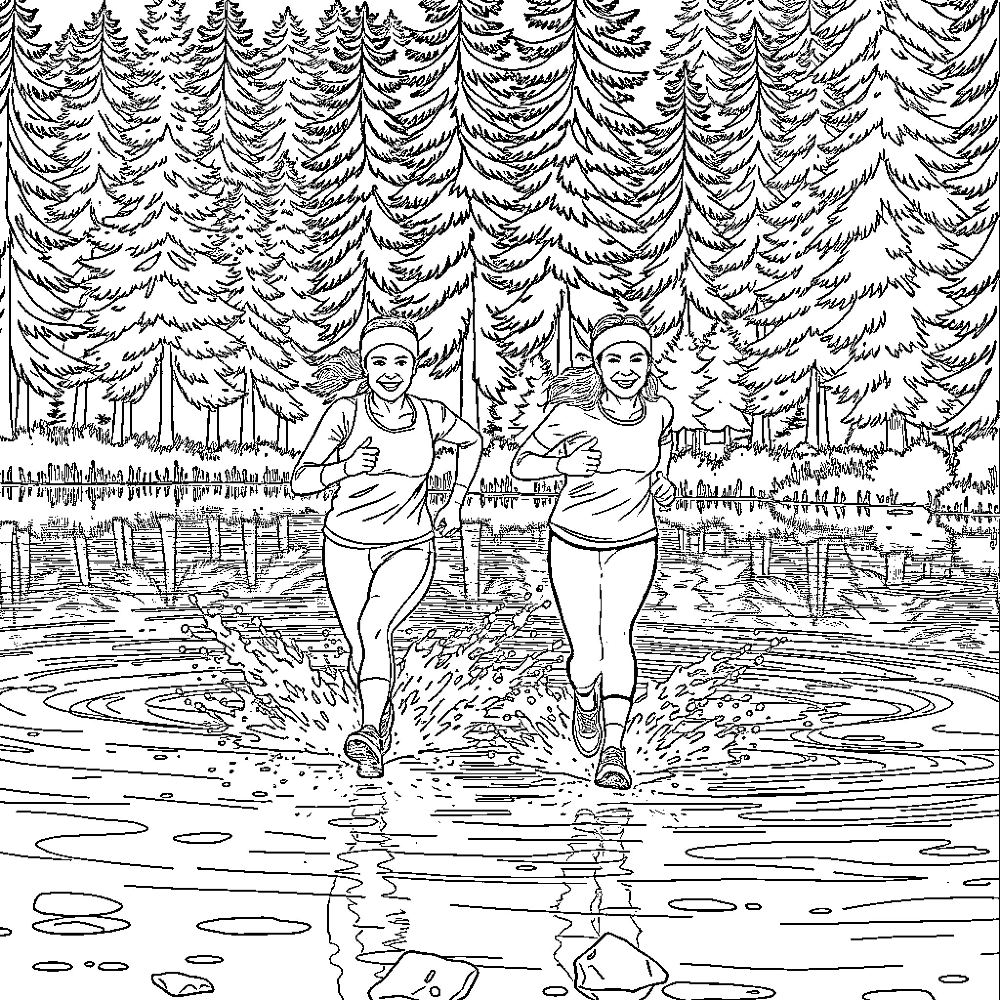 Runners jogging through the forest landscape Coloring Page (free black-and-white line drawing printable PDF for all, from beginners to advanced learners, including children, teens, adults, and seniors)