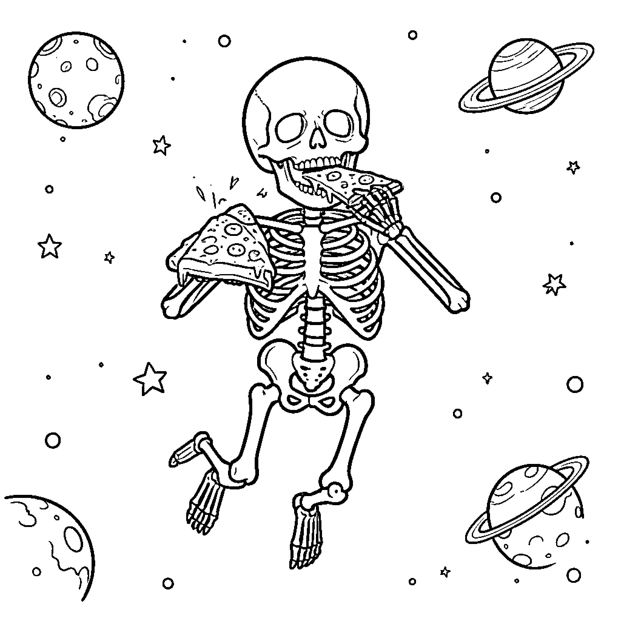 Skeleton floating in space with planets Coloring Page (free black-and-white line drawing printable PDF for all, from beginners to advanced learners, including children, teens, adults, and seniors)