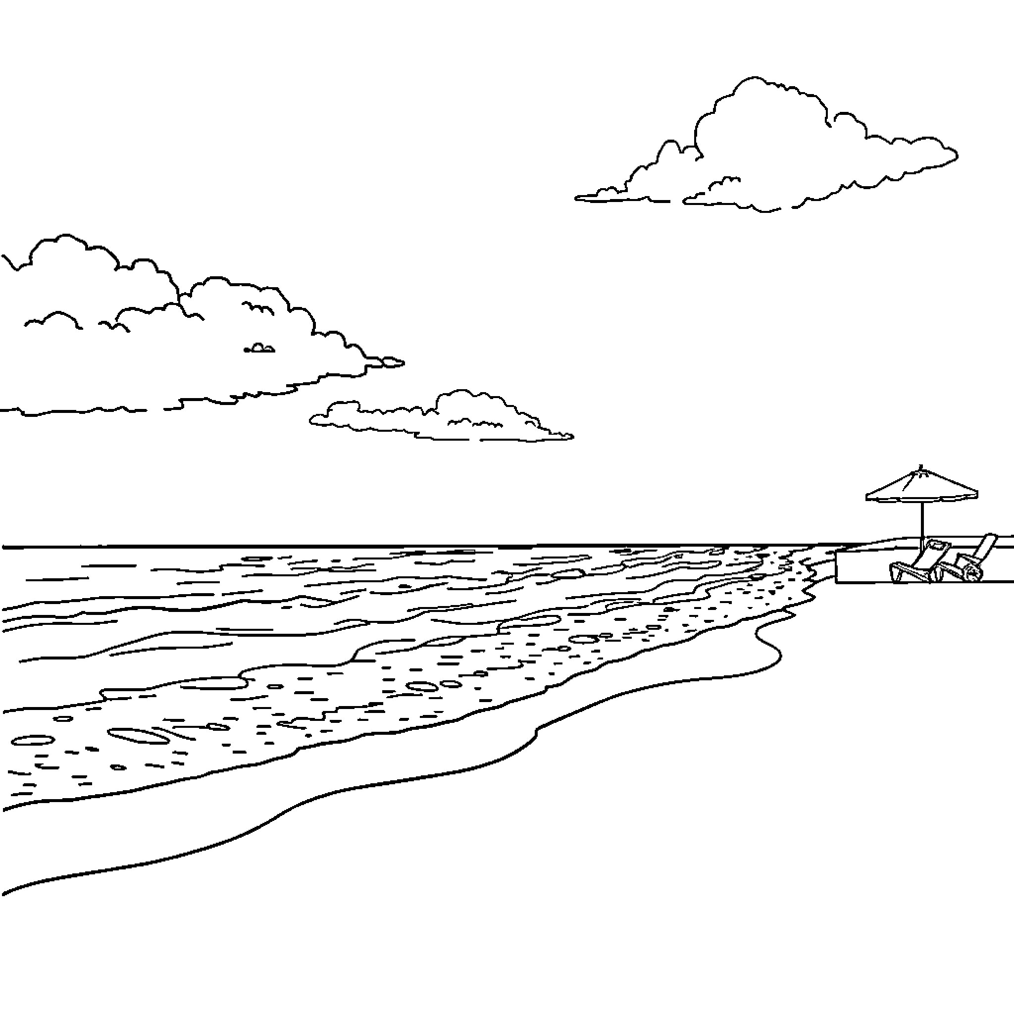 Beach scene with cloudy sky and beach chairs Coloring Page (free black-and-white line drawing printable PDF for all, from beginners to advanced learners, including children, teens, adults, and seniors)