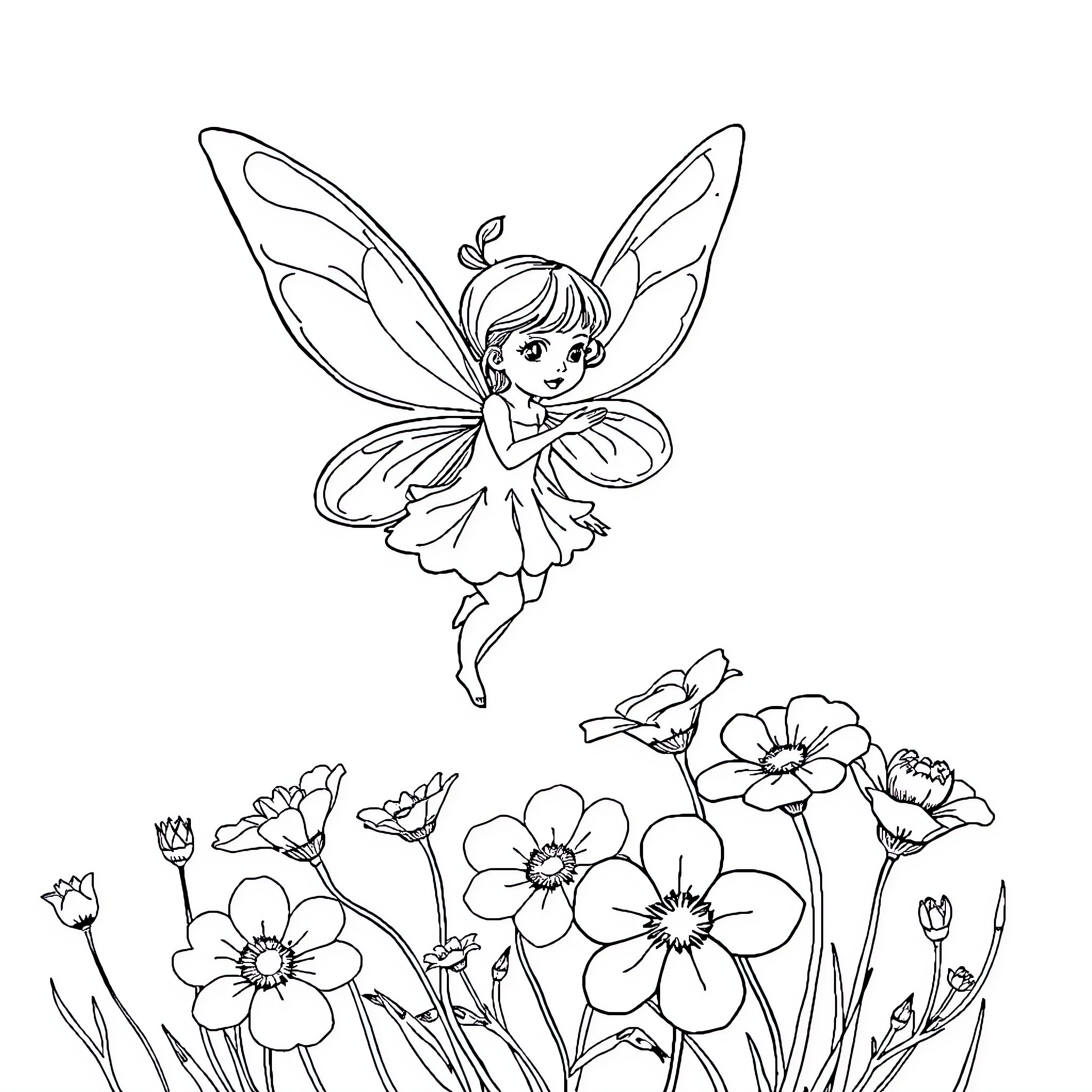 Fairy playing amidst blooming flowers Coloring Page (free black-and-white line drawing printable PDF for all, from beginners to advanced learners, including children, teens, adults, and seniors)