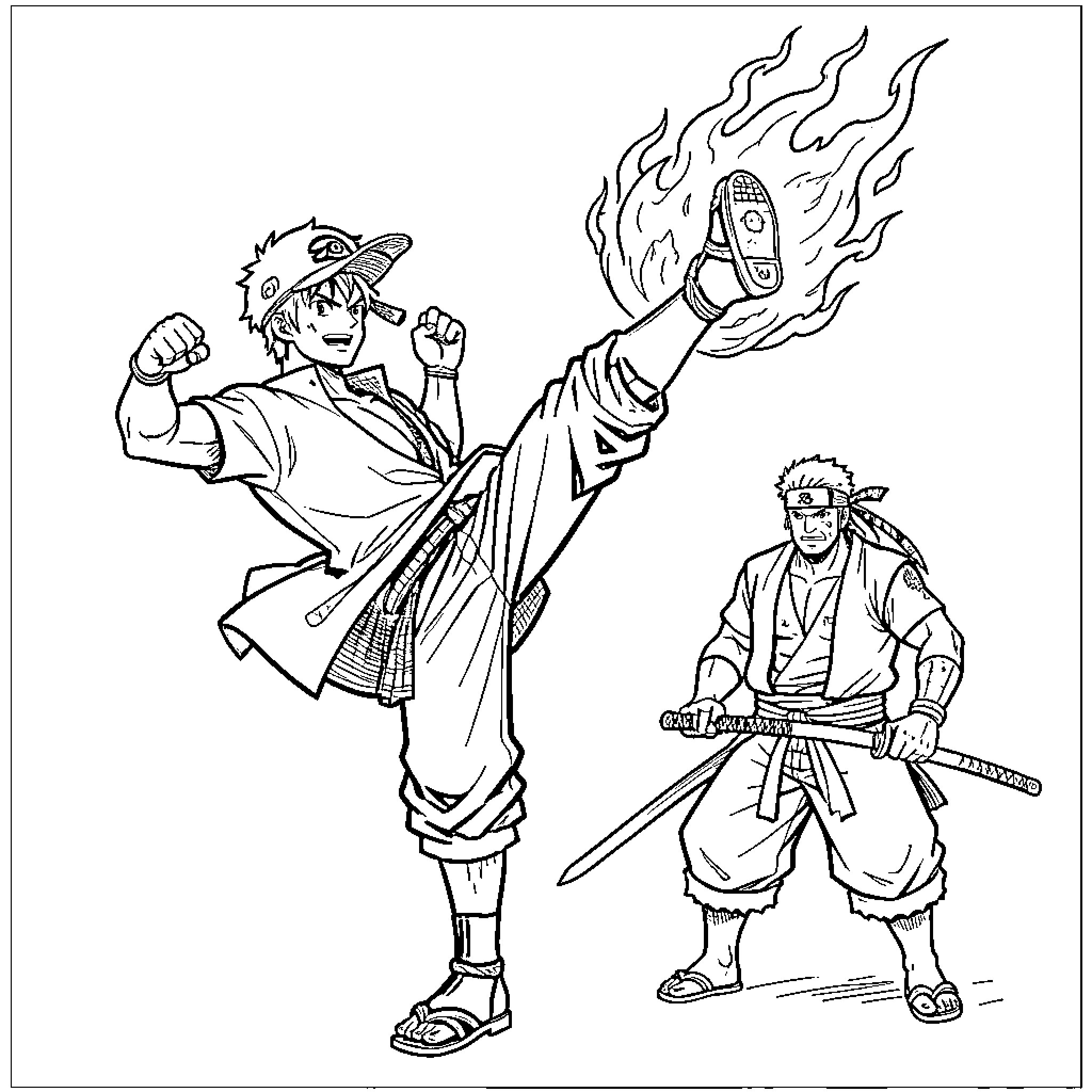 Sanji performing a fiery high kick while a swordsman watches Coloring Page (free black-and-white line drawing printable PDF for all, from beginners to advanced learners, including children, teens, adults, and seniors)
