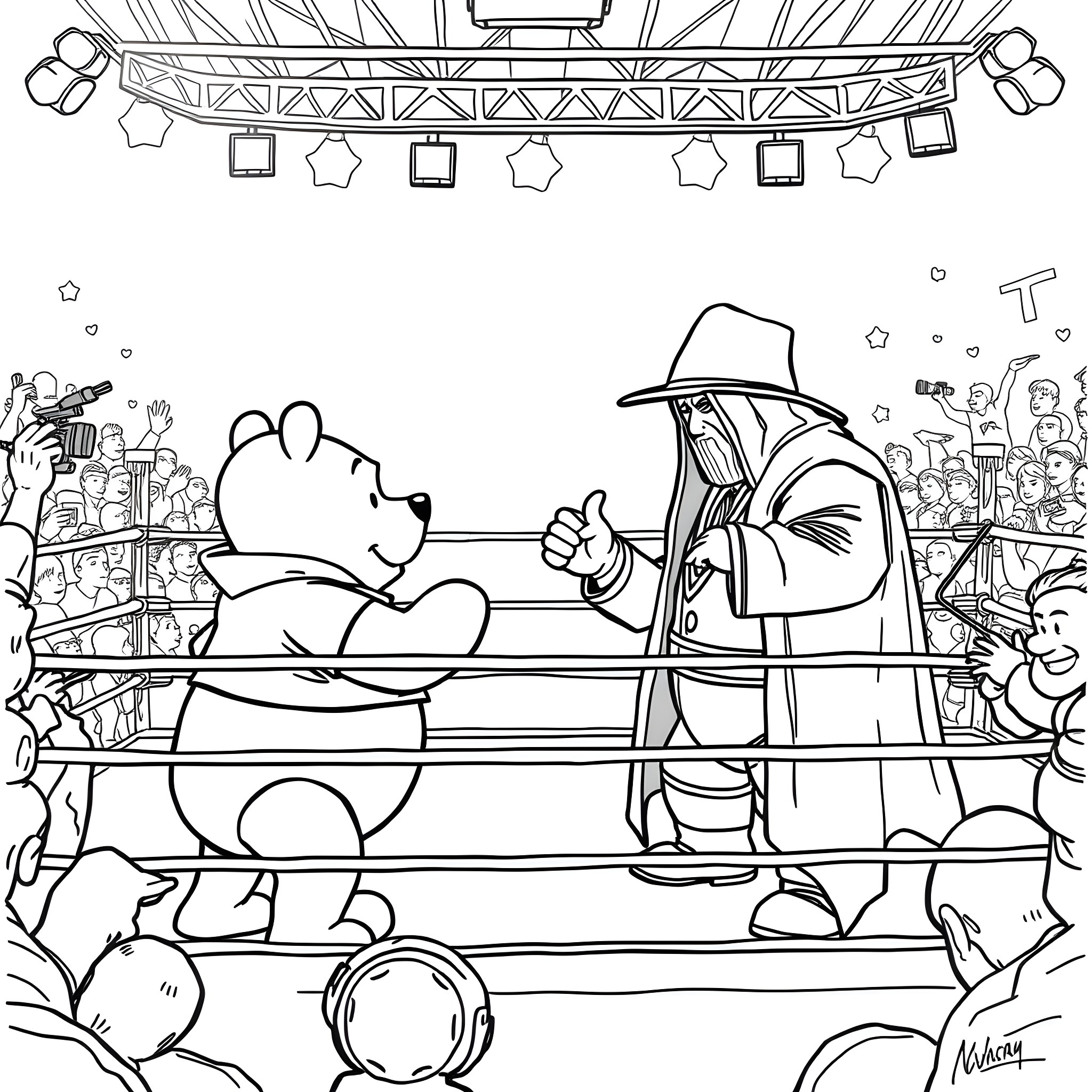 Winnie The Pooh wrestling match with a referee Coloring Page (free black-and-white line drawing printable PDF for all, from beginners to advanced learners, including children, teens, adults, and seniors)