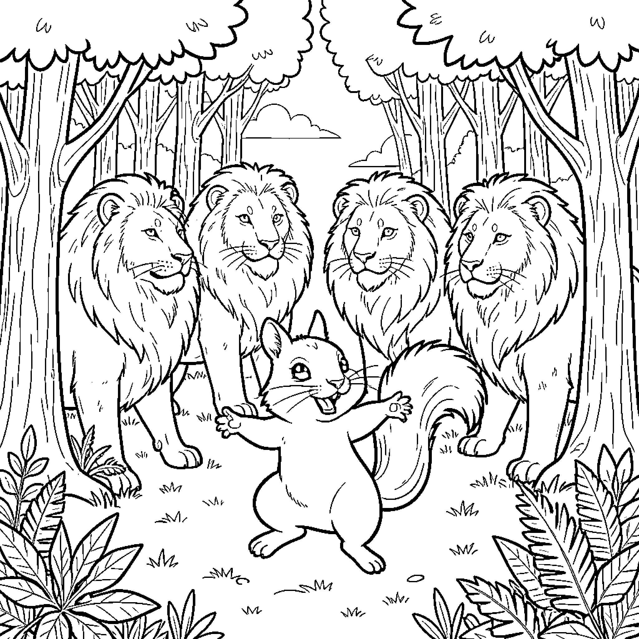 Squirrel posing joyfully in front of four lions Coloring Page (free black-and-white line drawing printable PDF for all, from beginners to advanced learners, including children, teens, adults, and seniors)