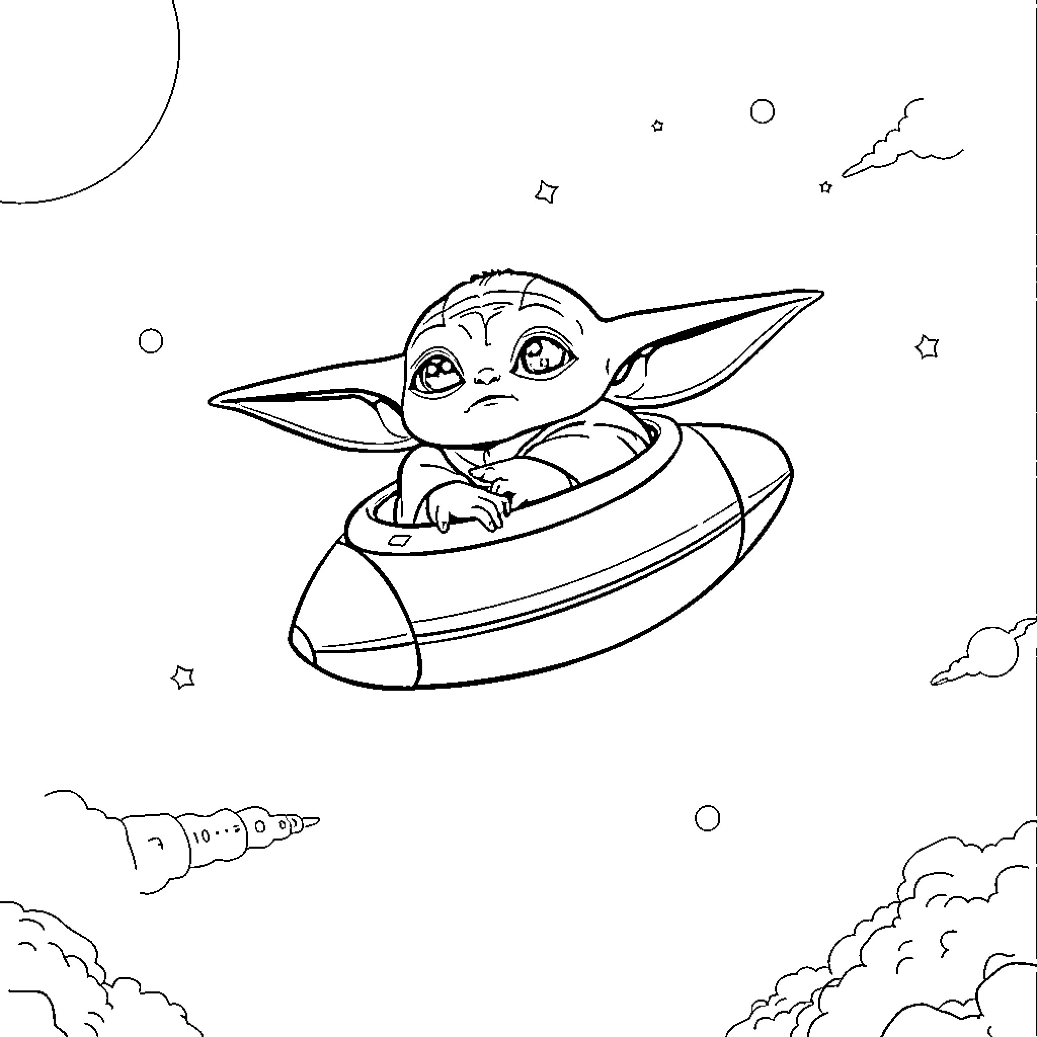 Baby Yoda exploring the galaxy in a spacecraft Coloring Page (free black-and-white line drawing printable PDF for all, from beginners to advanced learners, including children, teens, adults, and seniors)