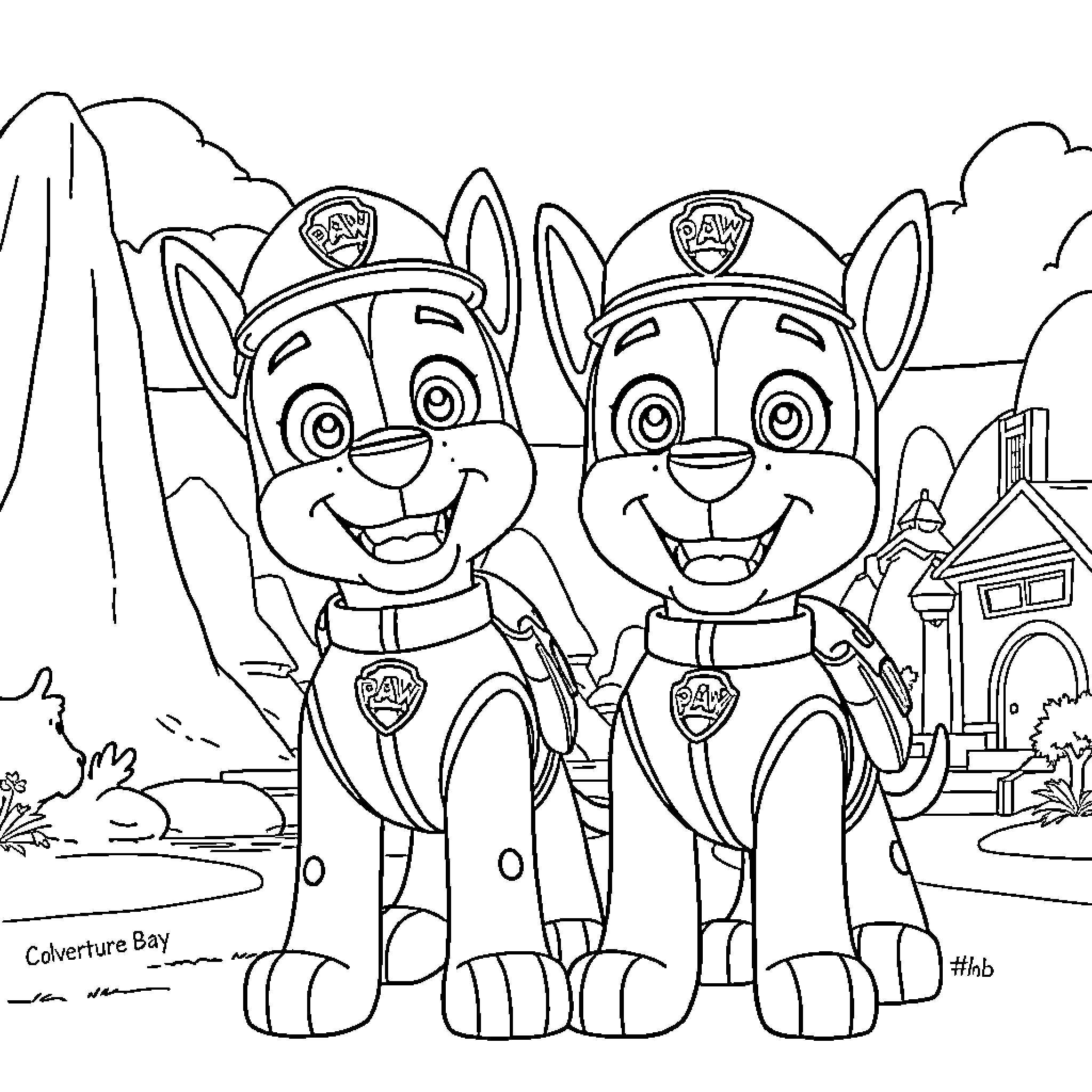 Paw Patrol characters in action at Adventure Bay Coloring Page (free black-and-white line drawing printable PDF for all, from beginners to advanced learners, including children, teens, adults, and seniors)