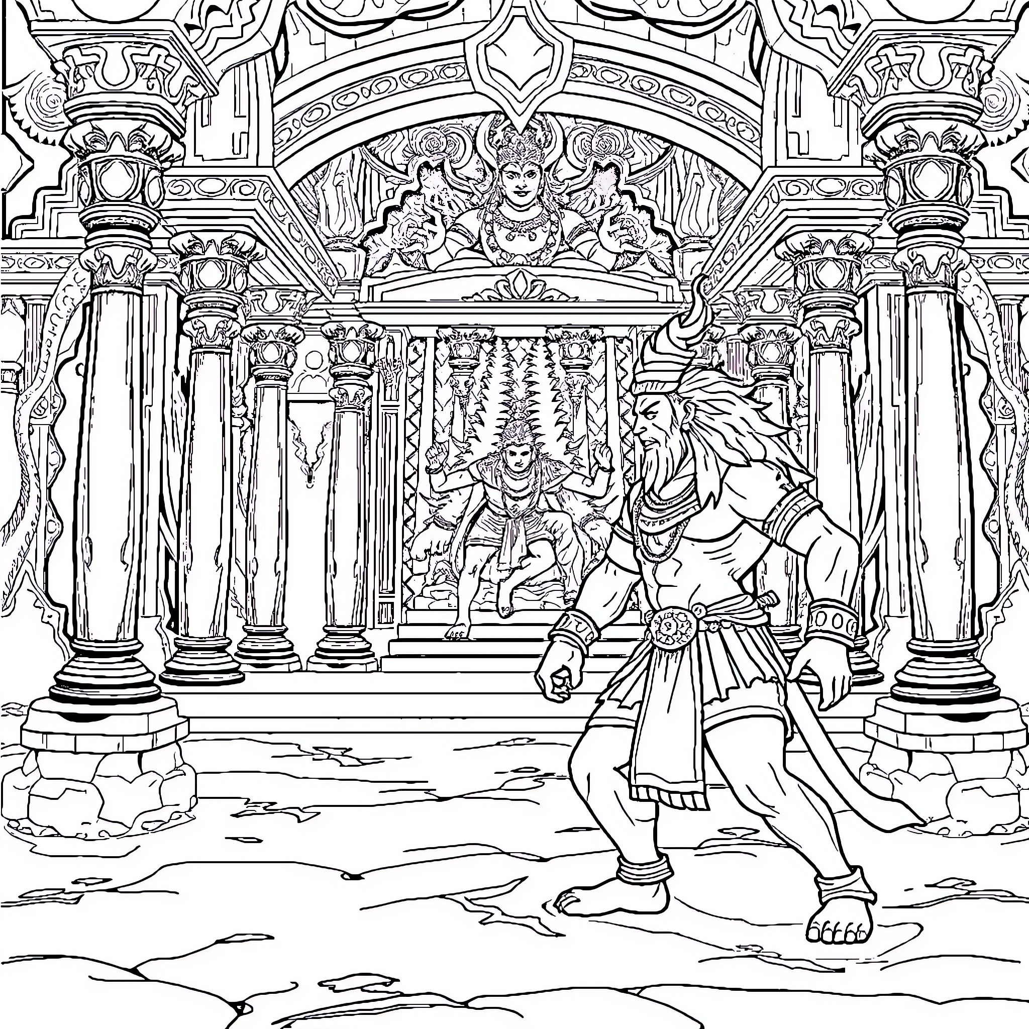 Narsingha's Mythical Encounter: Warrior Faces Ornate Temple Coloring Page (free black-and-white line drawing printable PDF for all, from beginners to advanced learners, including children, teens, adults, and seniors)