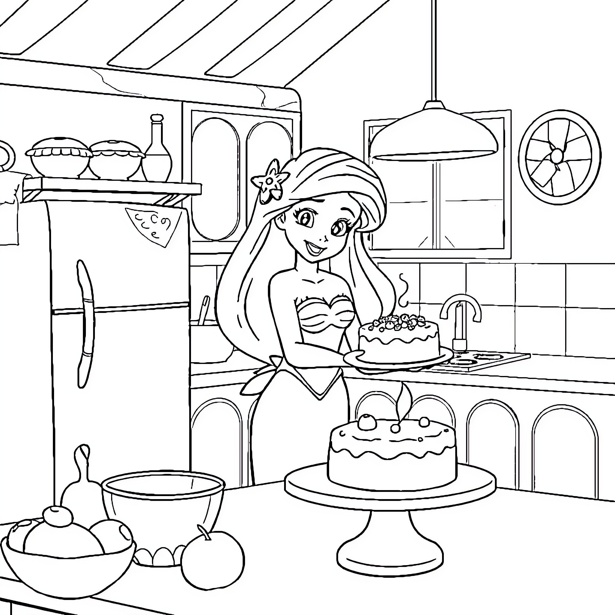Ariel baking cakes in the kitchen Coloring Page (free black-and-white line drawing printable PDF for all, from beginners to advanced learners, including children, teens, adults, and seniors)