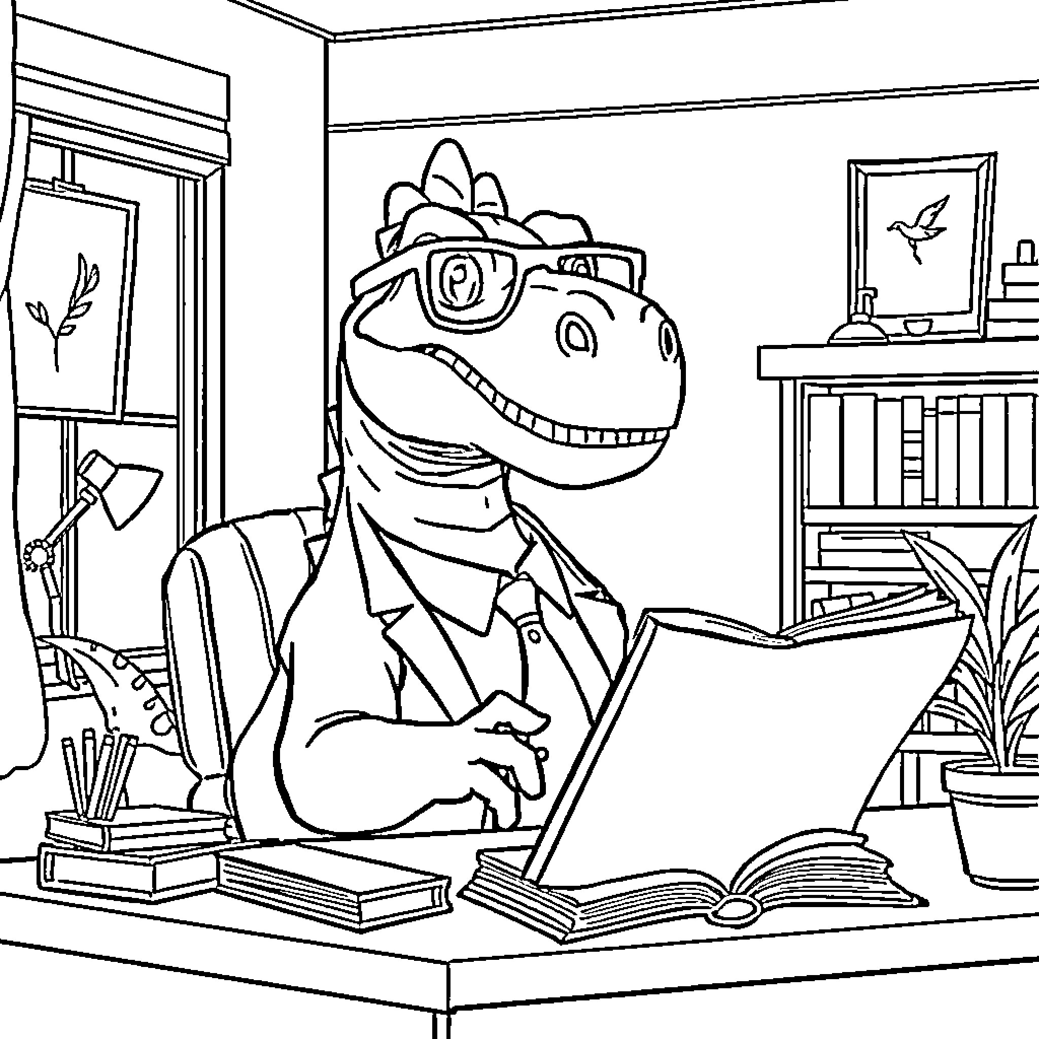 Dinosaur researcher working diligently in his study Coloring Page (free black-and-white line drawing printable PDF for all, from beginners to advanced learners, including children, teens, adults, and seniors)