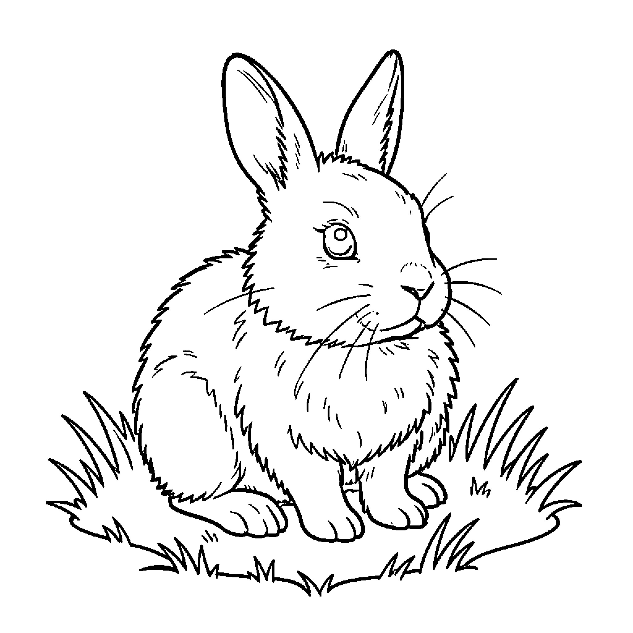 Rabbit sitting calmly in the grass Coloring Page (free black-and-white line drawing printable PDF for all, from beginners to advanced learners, including children, teens, adults, and seniors)
