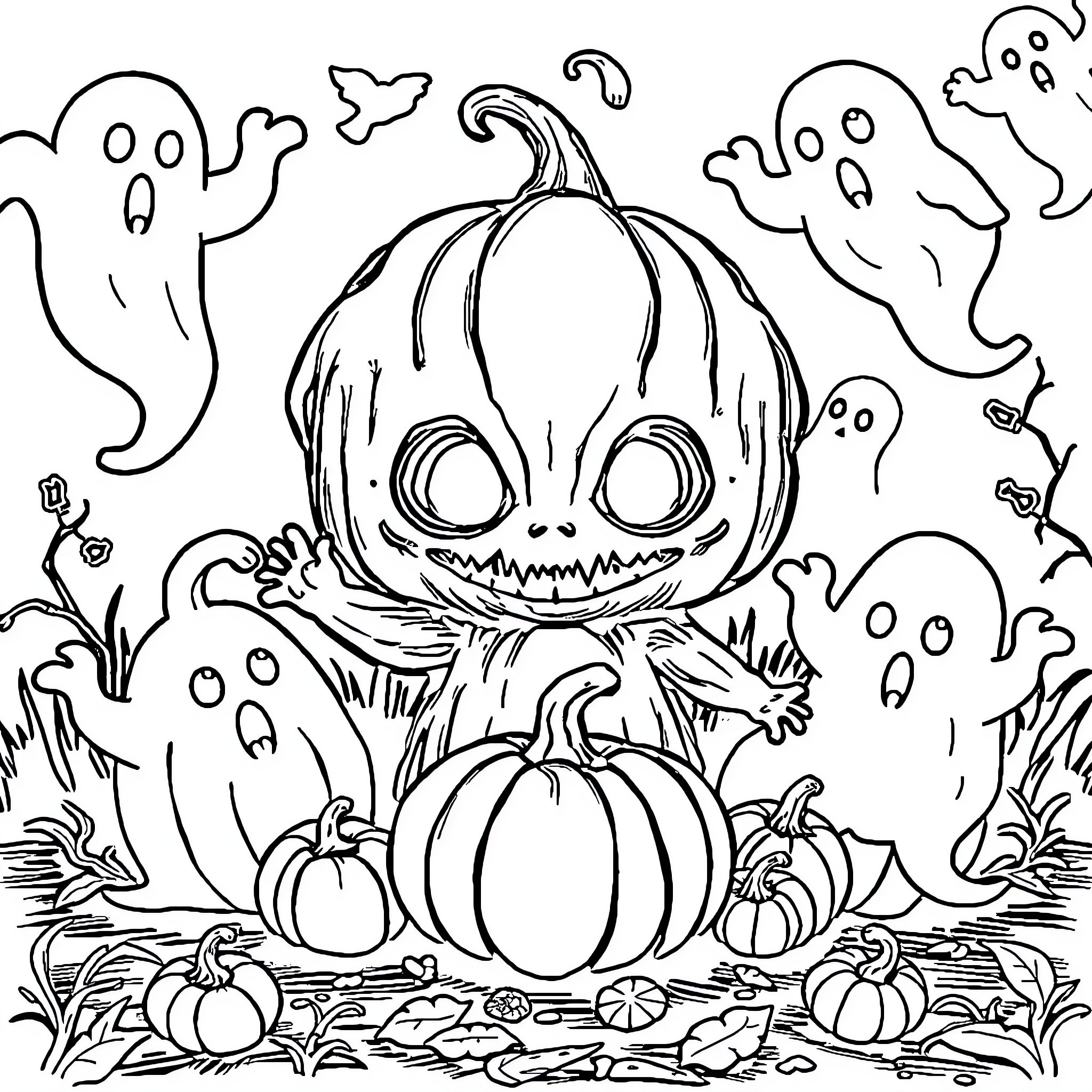 Labubu's Haunting Halloween Harvest Coloring Page (free black-and-white line drawing printable PDF for all, from beginners to advanced learners, including children, teens, adults, and seniors)