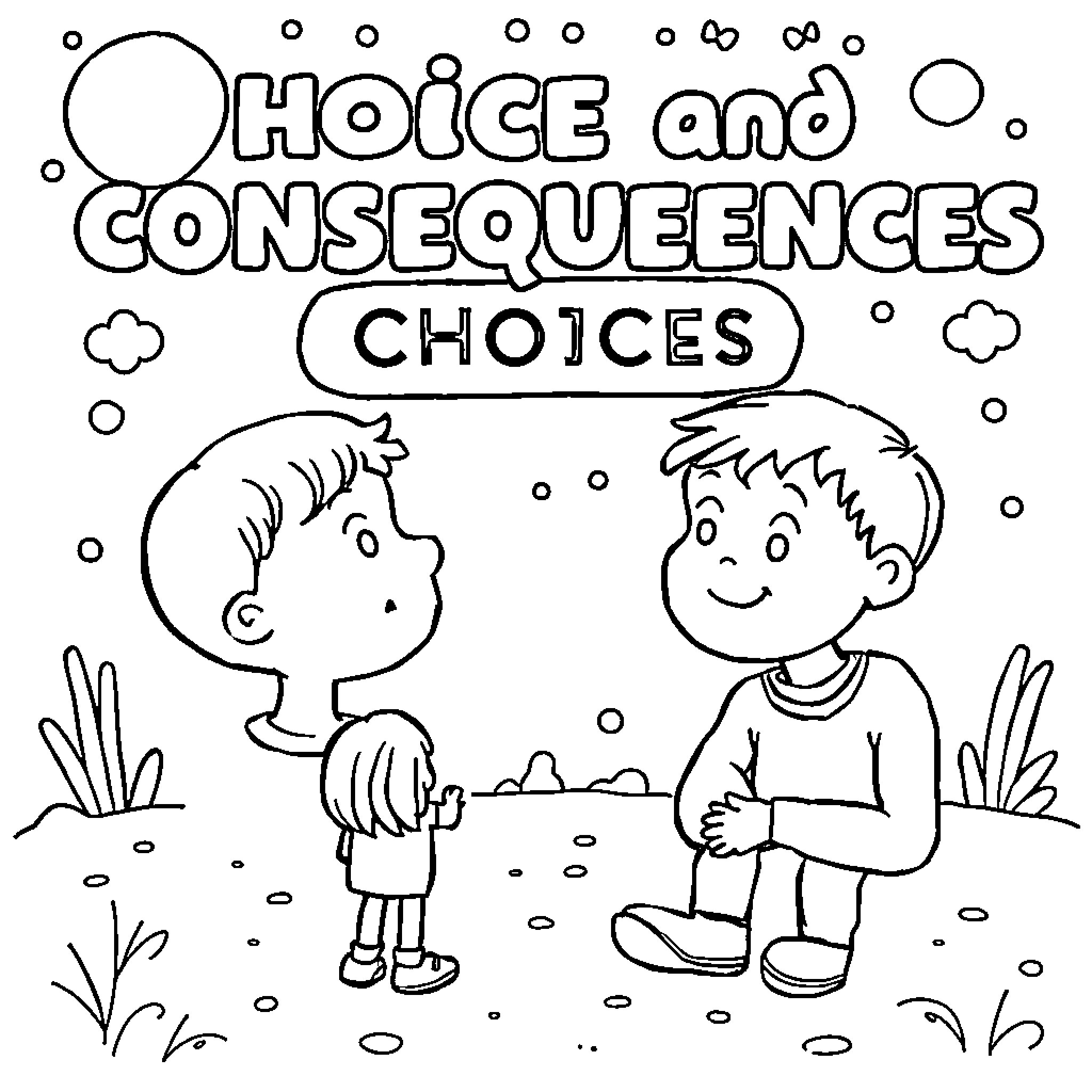 Choice and Consequences: Choices Coloring Page (free black-and-white line drawing printable PDF for all, from beginners to advanced learners, including children, teens, adults, and seniors)