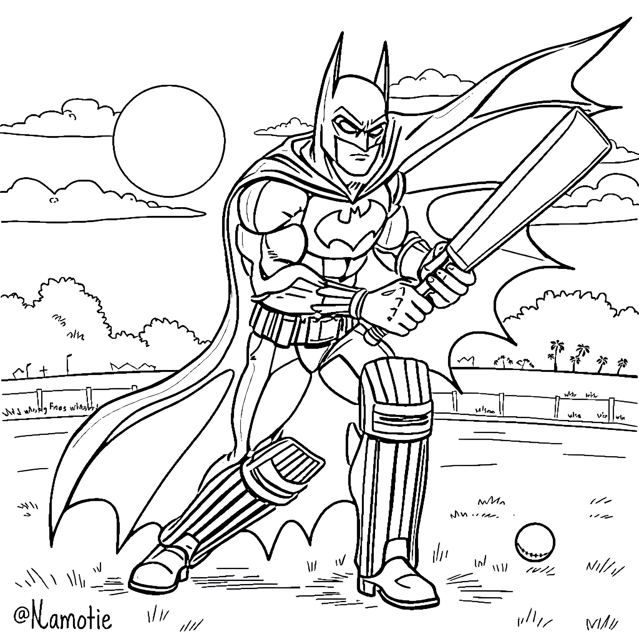 Batman Heroically Poses in Dramatic Superhero Attire Coloring Page (free black-and-white line drawing printable PDF for all, from beginners to advanced learners, including children, teens, adults, and seniors)