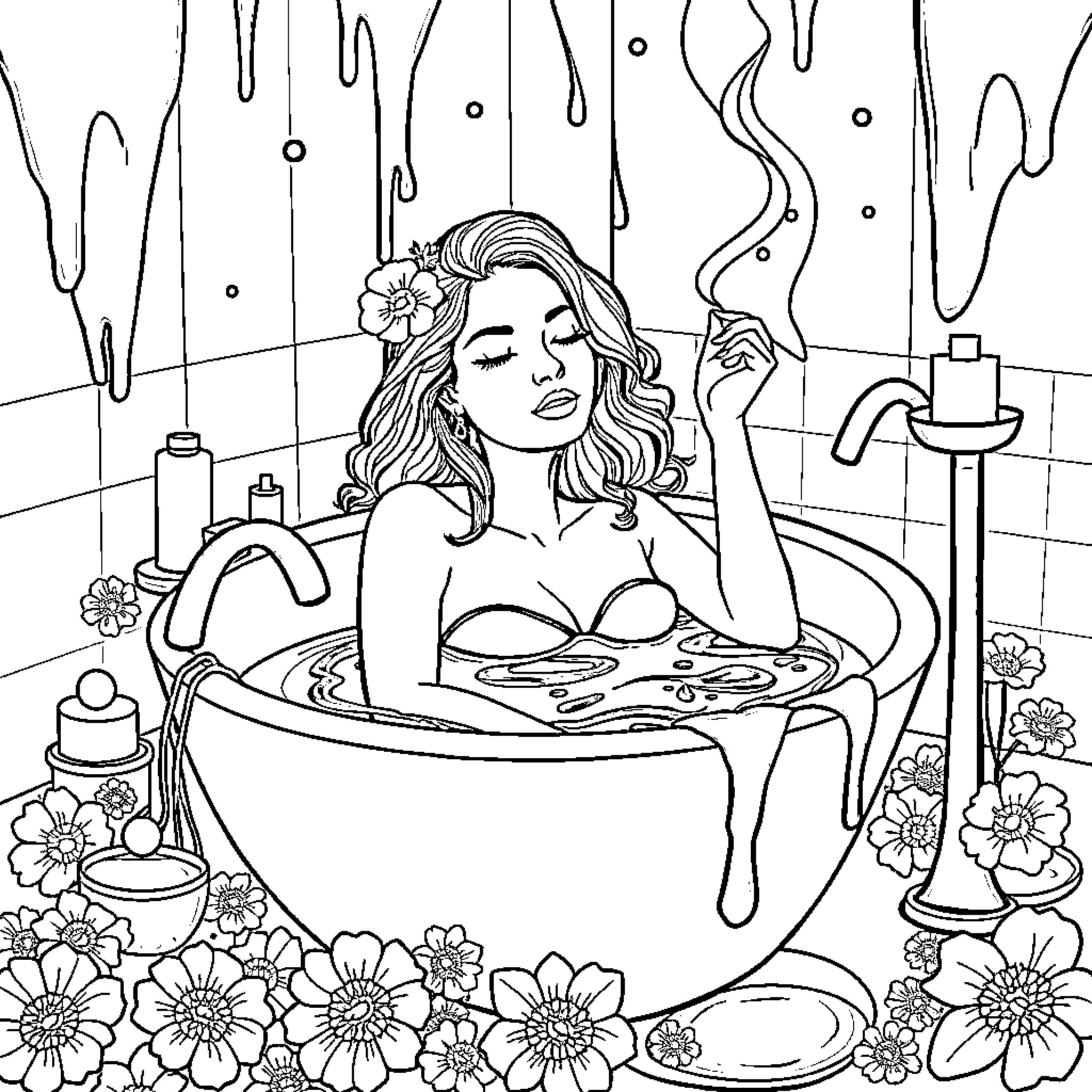 Woman relaxing in a floral bathtub Coloring Page (free black-and-white line drawing printable PDF for all, from beginners to advanced learners, including children, teens, adults, and seniors)