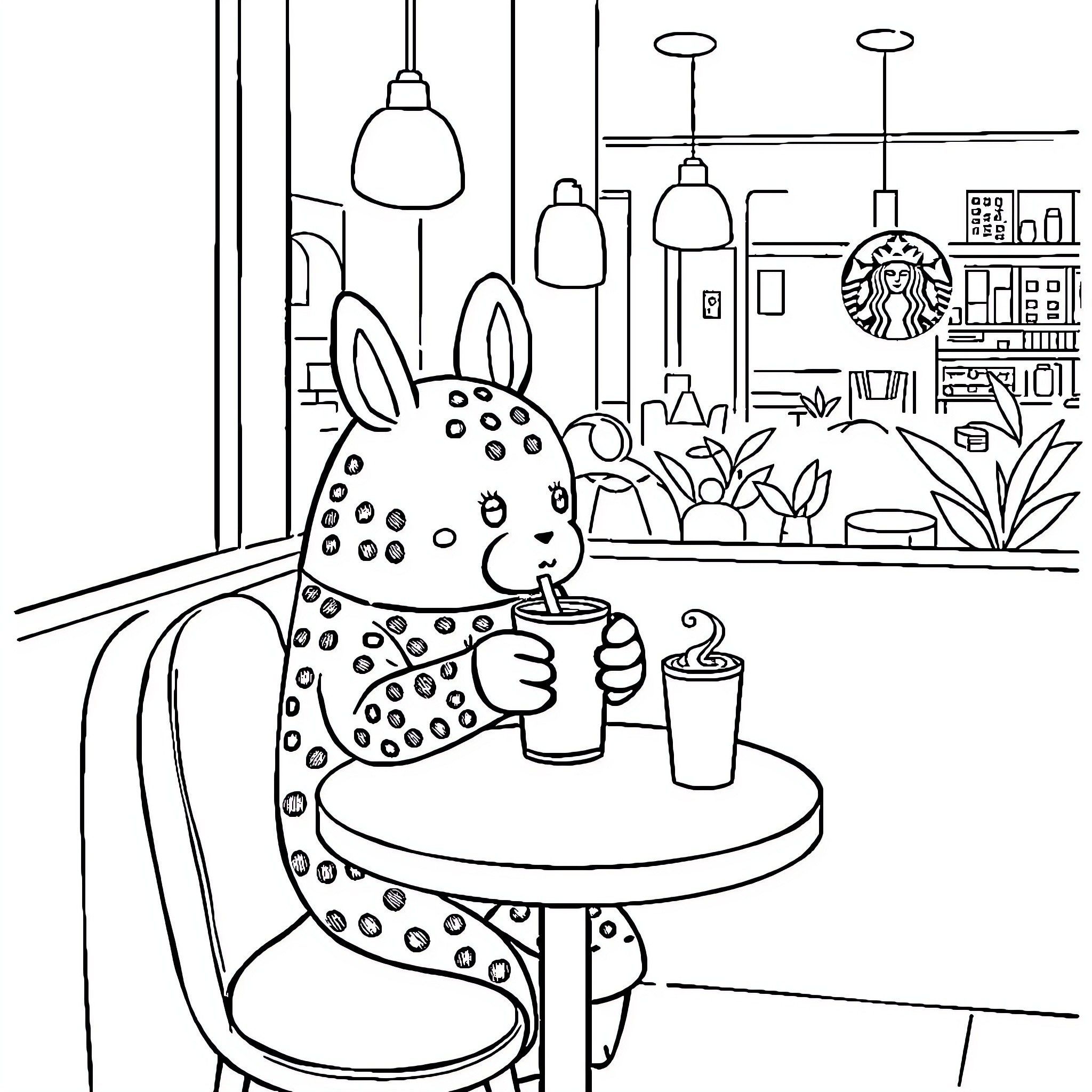 Labubu enjoying drinks at a cafe Coloring Page (free black-and-white line drawing printable PDF for all, from beginners to advanced learners, including children, teens, adults, and seniors)