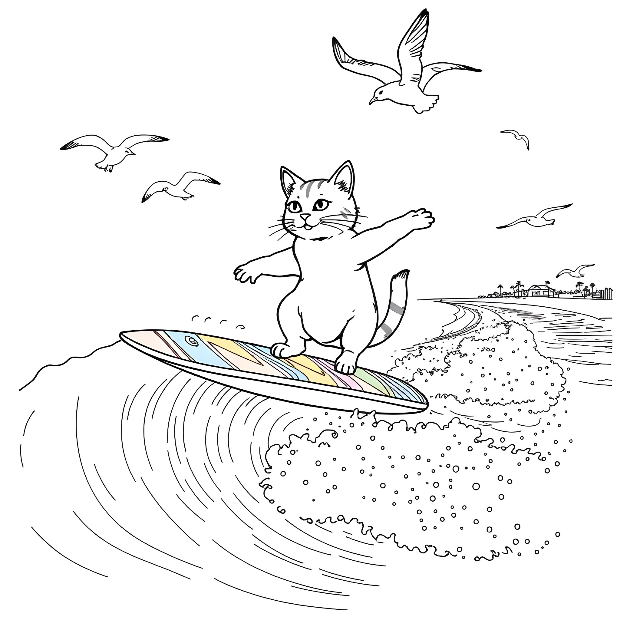 Cat surfing happily on a wave with seagulls Coloring Page (free black-and-white line drawing printable PDF for all, from beginners to advanced learners, including children, teens, adults, and seniors)