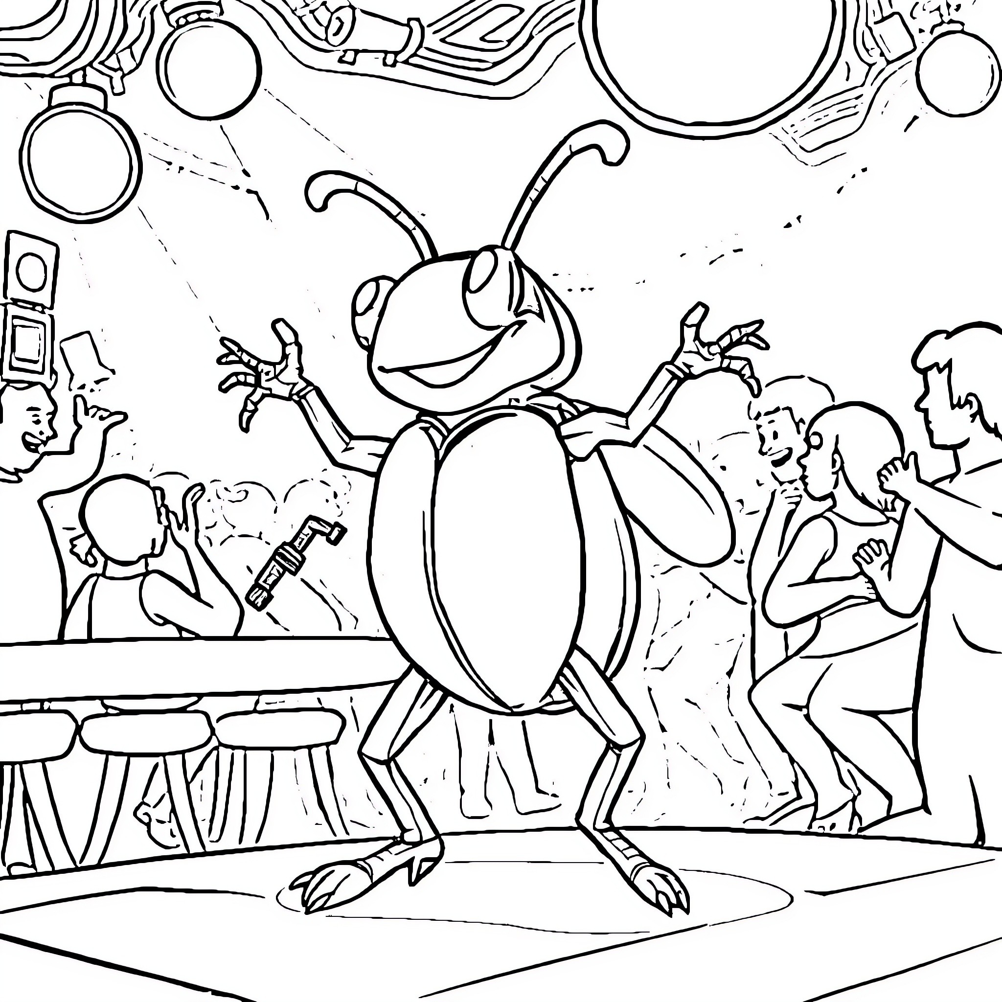 Beetle dancing at a lively party Coloring Page (free black-and-white line drawing printable PDF for all, from beginners to advanced learners, including children, teens, adults, and seniors)