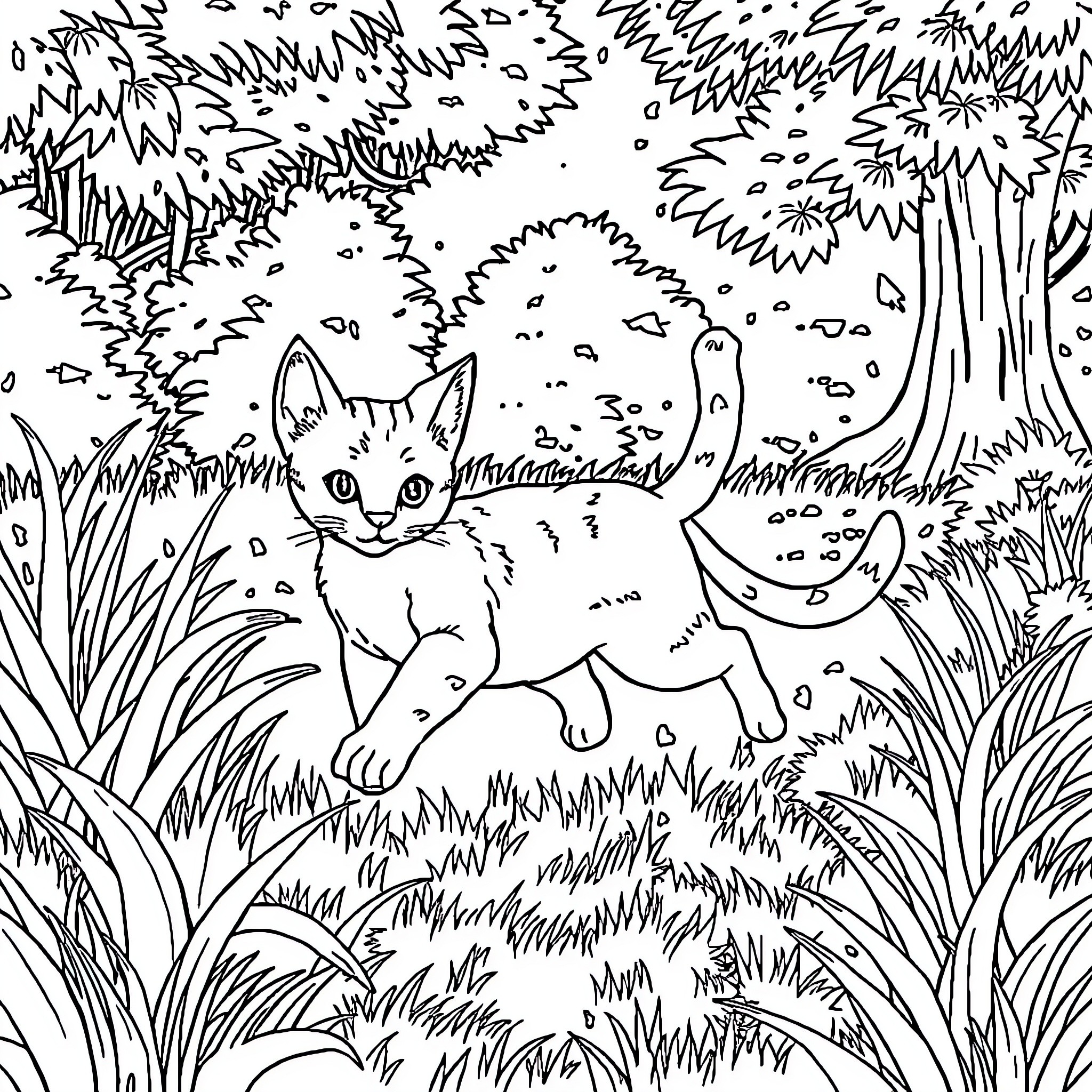 Cat exploring the lush forest Coloring Page (free black-and-white line drawing printable PDF for all, from beginners to advanced learners, including children, teens, adults, and seniors)