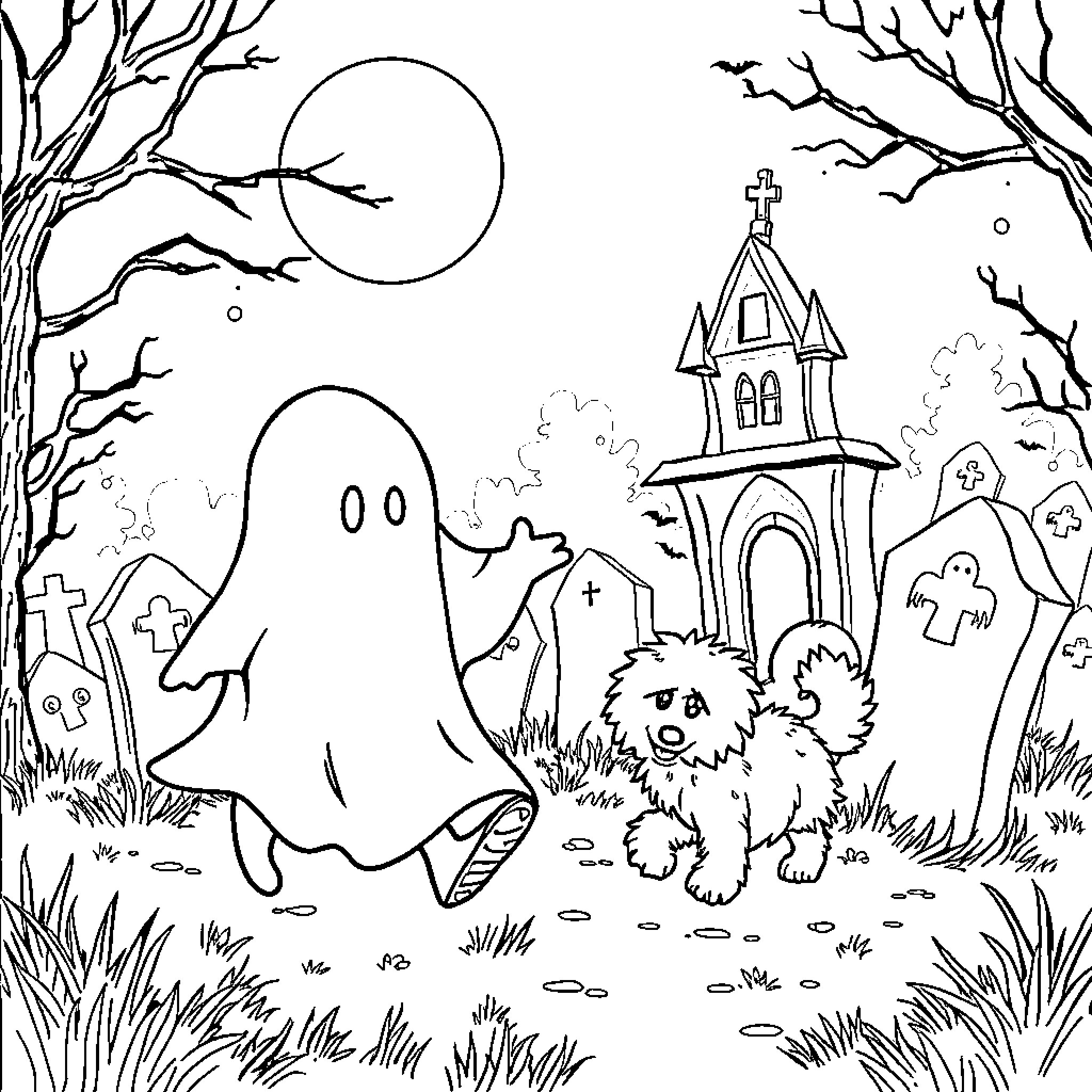 Ghost haunting a spooky graveyard at night Coloring Page (free black-and-white line drawing printable PDF for all, from beginners to advanced learners, including children, teens, adults, and seniors)