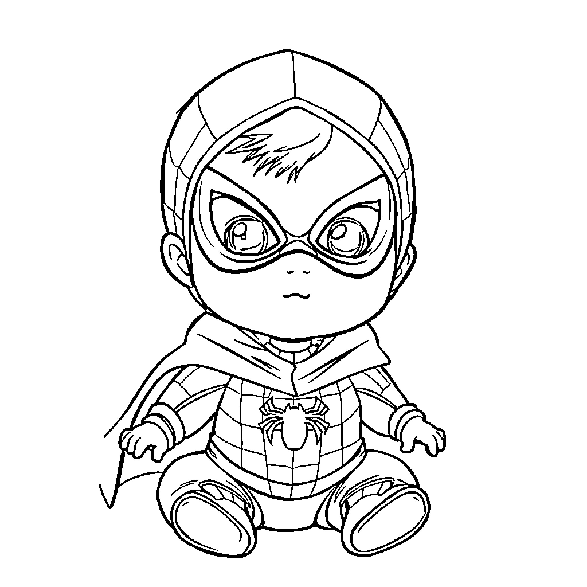 Spiderman Superhero Figurine in Costume Coloring Page (free black-and-white line drawing printable PDF for all, from beginners to advanced learners, including children, teens, adults, and seniors)