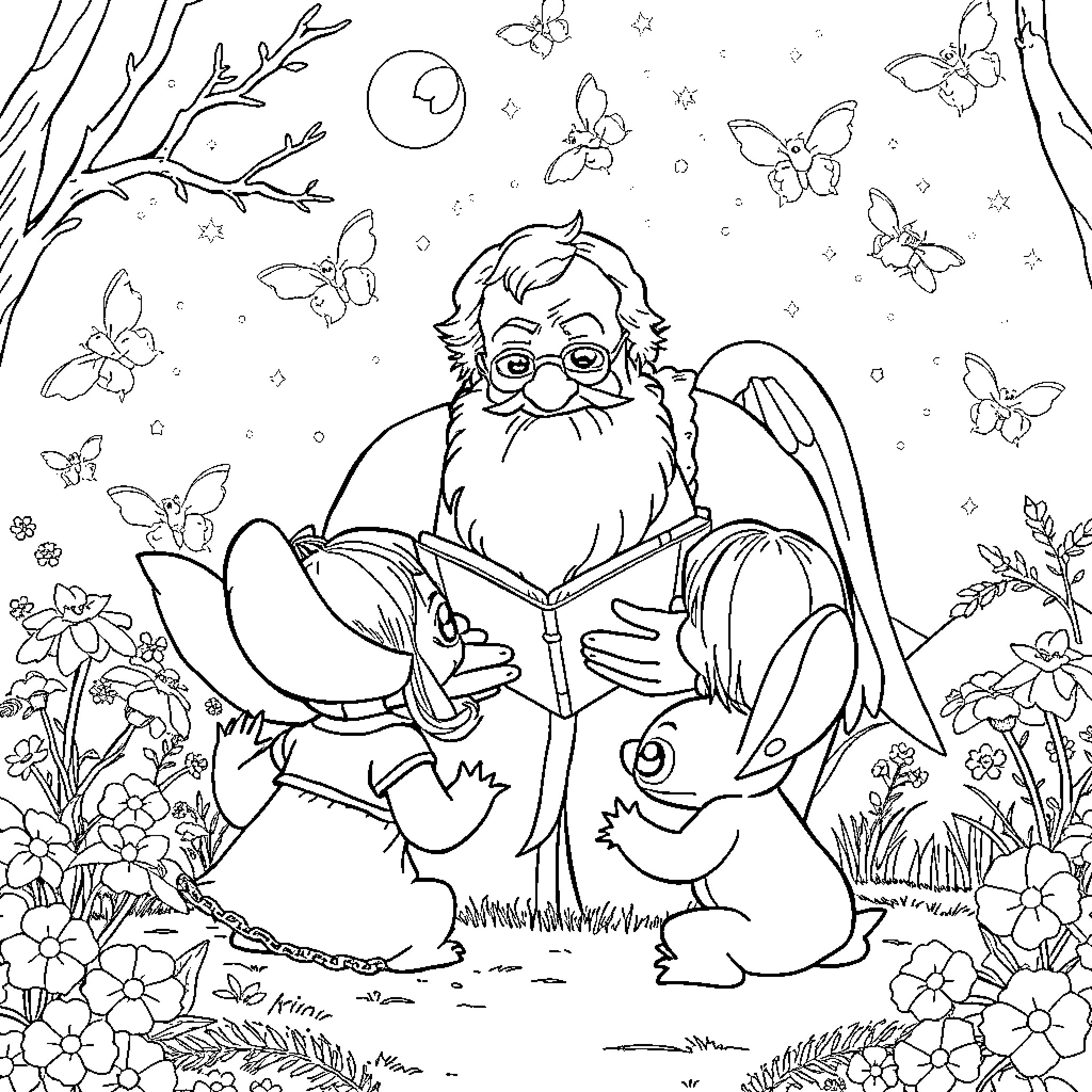 Abuelo reading to a friendly rabbit in a serene forest Coloring Page (free black-and-white line drawing printable PDF for all, from beginners to advanced learners, including children, teens, adults, and seniors)