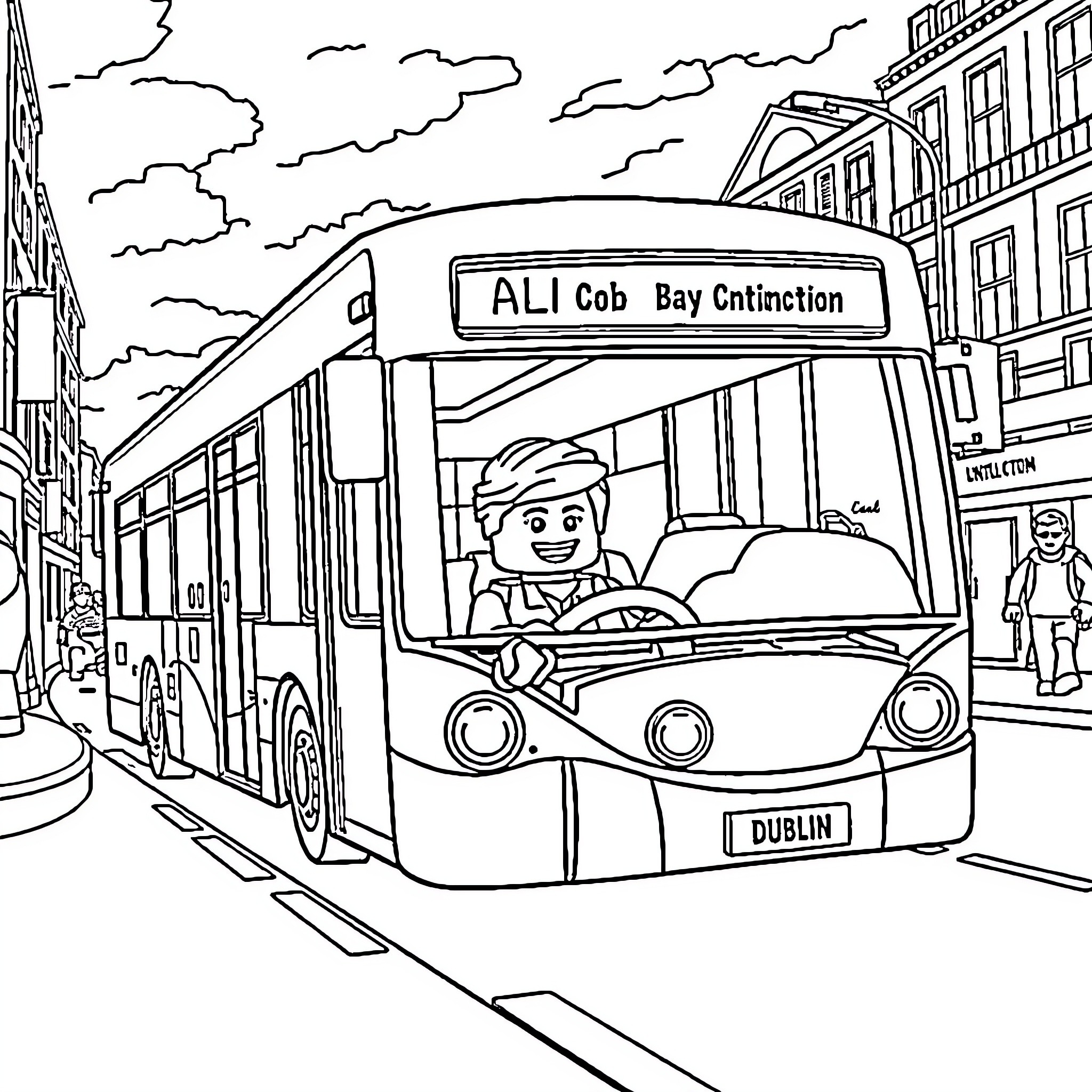 LEGO Minifigure driving a bus in the city Coloring Page (free black-and-white line drawing printable PDF for all, from beginners to advanced learners, including children, teens, adults, and seniors)