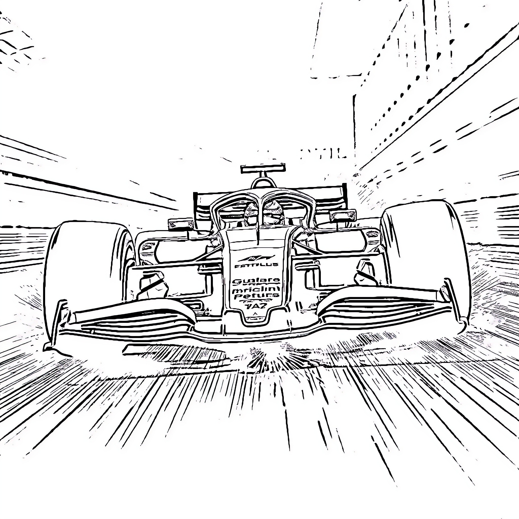 Formula 1 Car Speeding on the Track Coloring Page (free black-and-white line drawing printable PDF for all, from beginners to advanced learners, including children, teens, adults, and seniors)