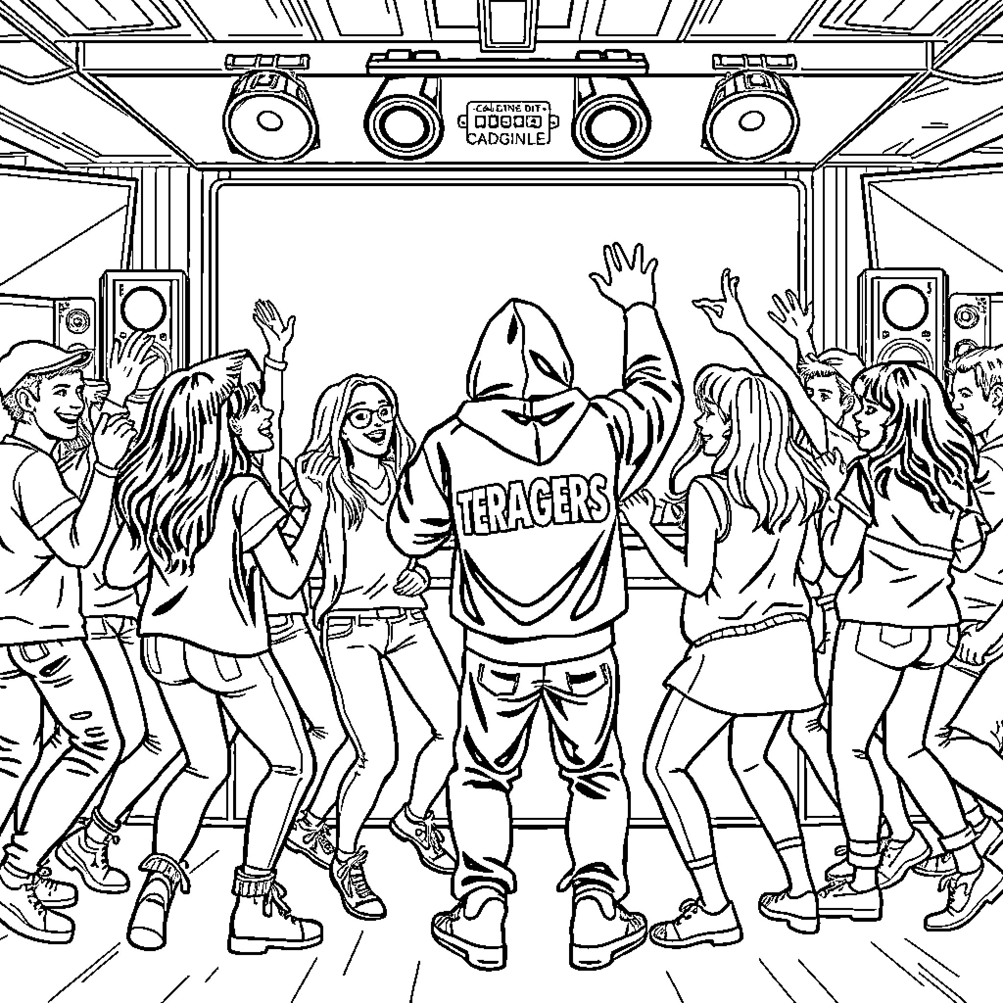 Teenager dancing with friends at a music event Coloring Page (free black-and-white line drawing printable PDF for all, from beginners to advanced learners, including children, teens, adults, and seniors)