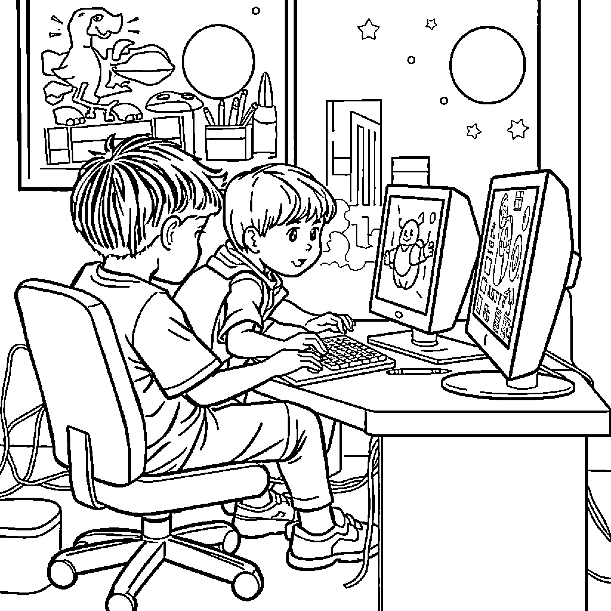 Kid Enjoying Computer and Games in Room Coloring Page (free black-and-white line drawing printable PDF for all, from beginners to advanced learners, including children, teens, adults, and seniors)