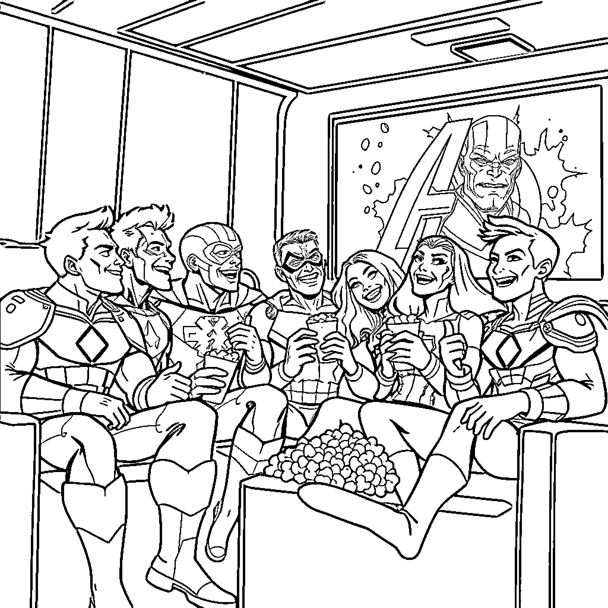 Avenger characters enjoying a group movie night Coloring Page (free black-and-white line drawing printable PDF for all, from beginners to advanced learners, including children, teens, adults, and seniors)