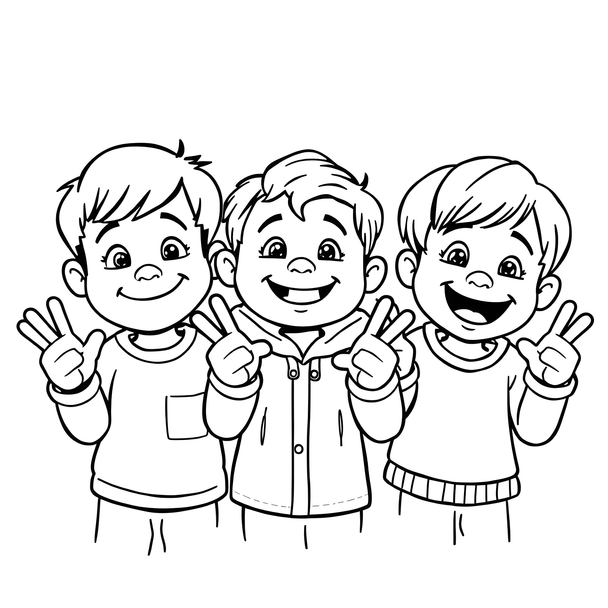 Kids posing happily together Coloring Page (free black-and-white line drawing printable PDF for all, from beginners to advanced learners, including children, teens, adults, and seniors)