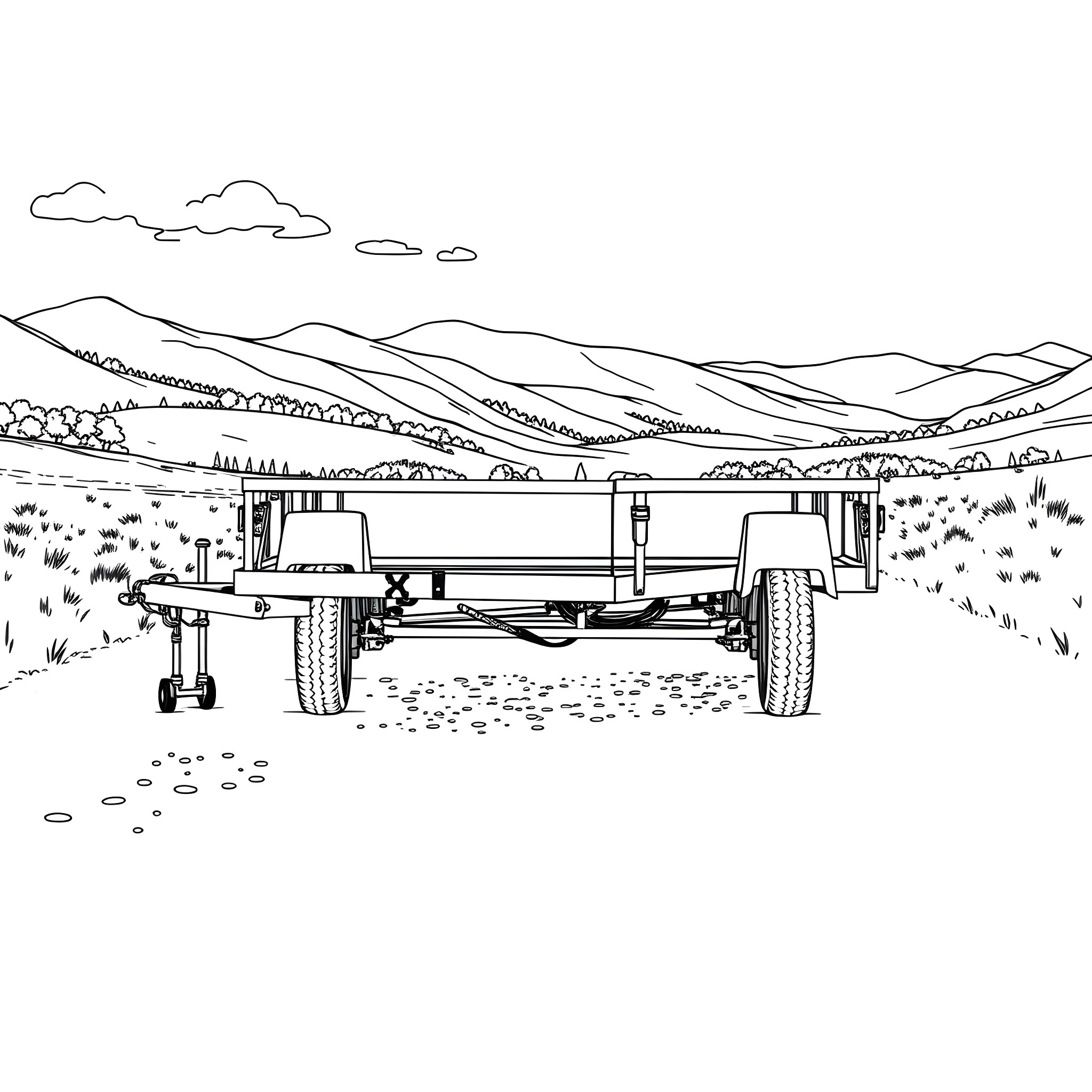 Car Trailer Transporting Equipment in Scenic Countryside Coloring Page (free black-and-white line drawing printable PDF for all, from beginners to advanced learners, including children, teens, adults, and seniors)