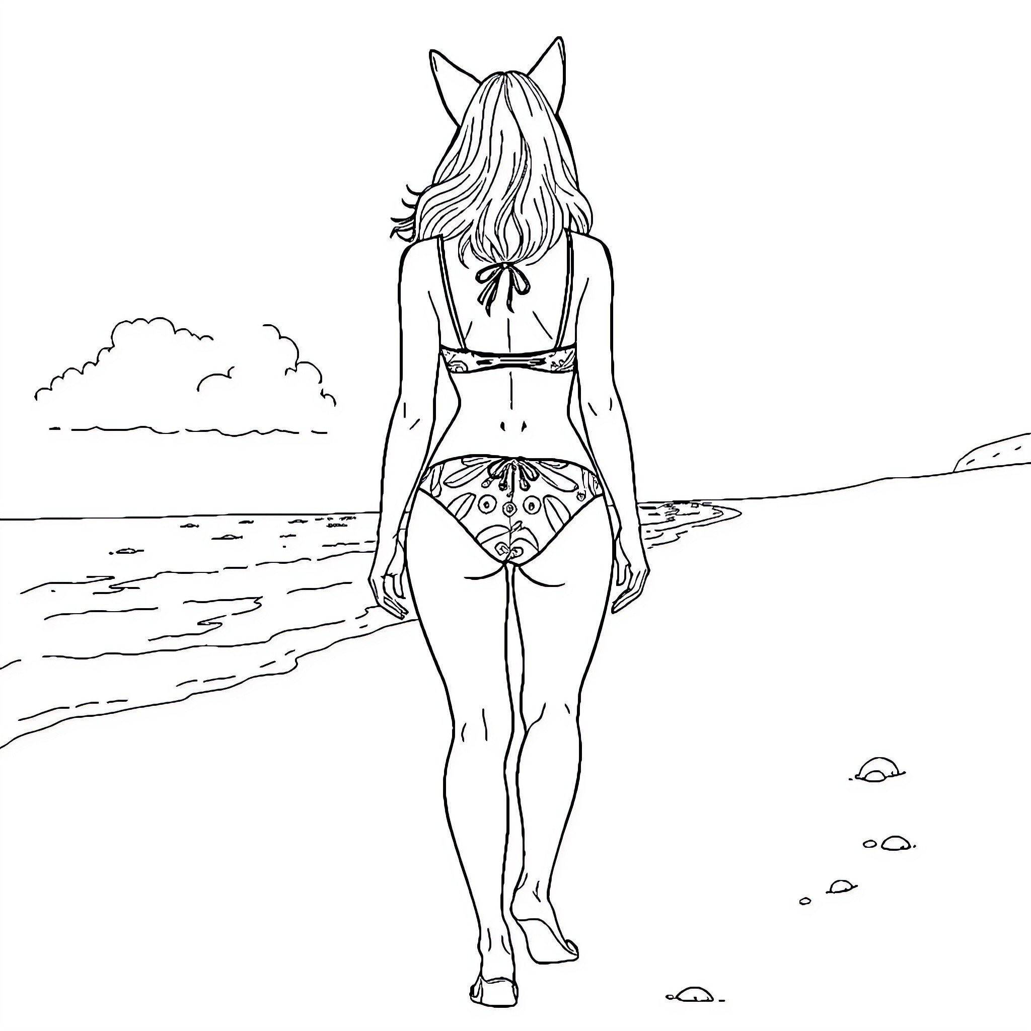 Diane Foxington exploring the beach in swimwear Coloring Page (free black-and-white line drawing printable PDF for all, from beginners to advanced learners, including children, teens, adults, and seniors)