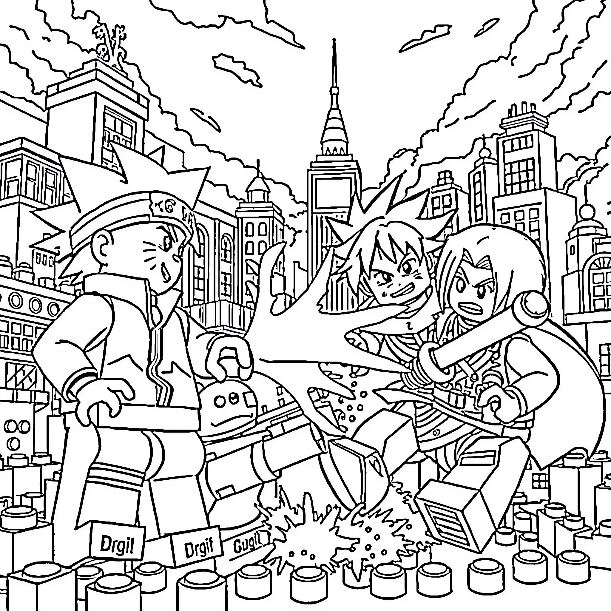 Lego Characters Fighting in the City Coloring Page (free black-and-white line drawing printable PDF for all, from beginners to advanced learners, including children, teens, adults, and seniors)