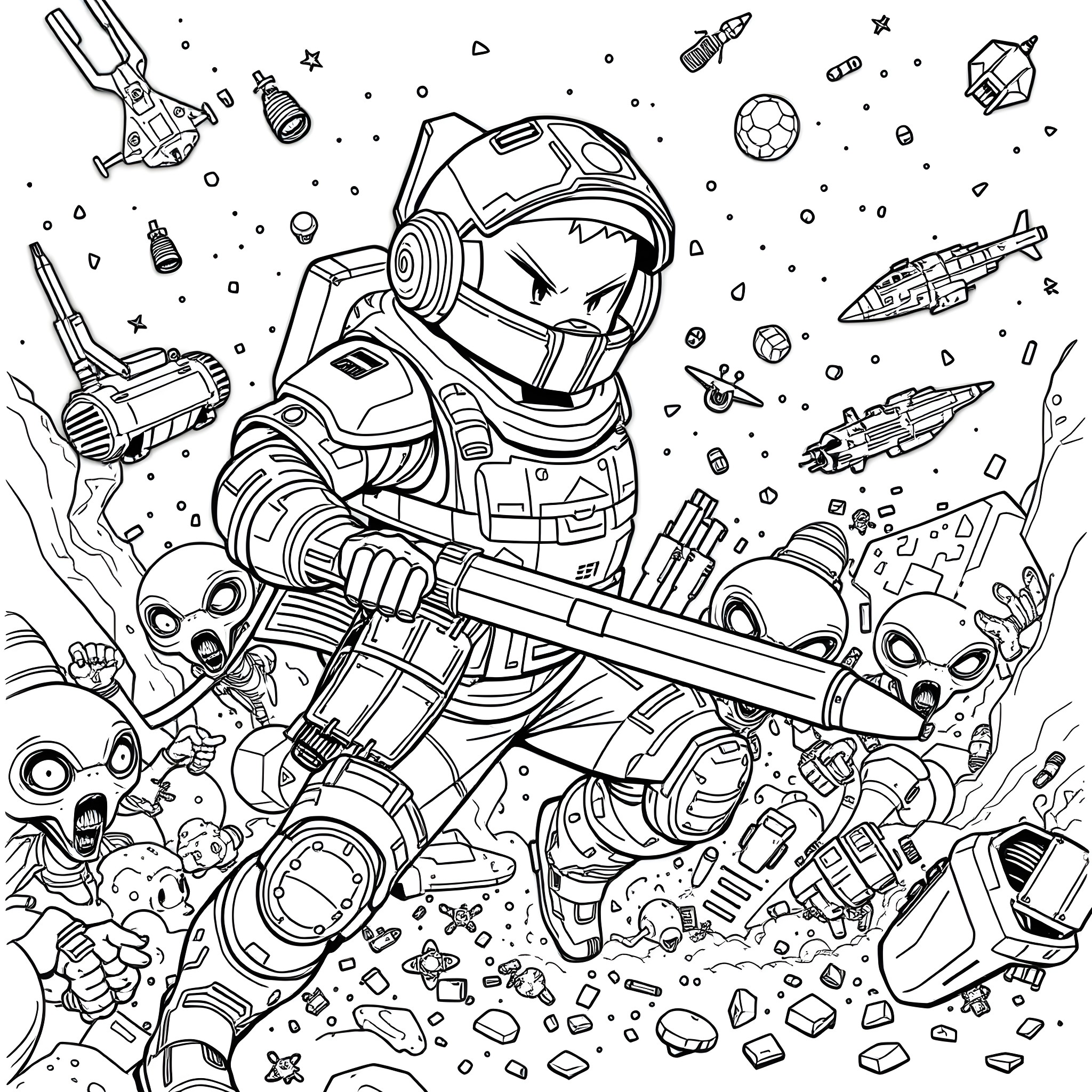 Waifu astronaut battles intergalactic foes in space Coloring Page (free black-and-white line drawing printable PDF for all, from beginners to advanced learners, including children, teens, adults, and seniors)