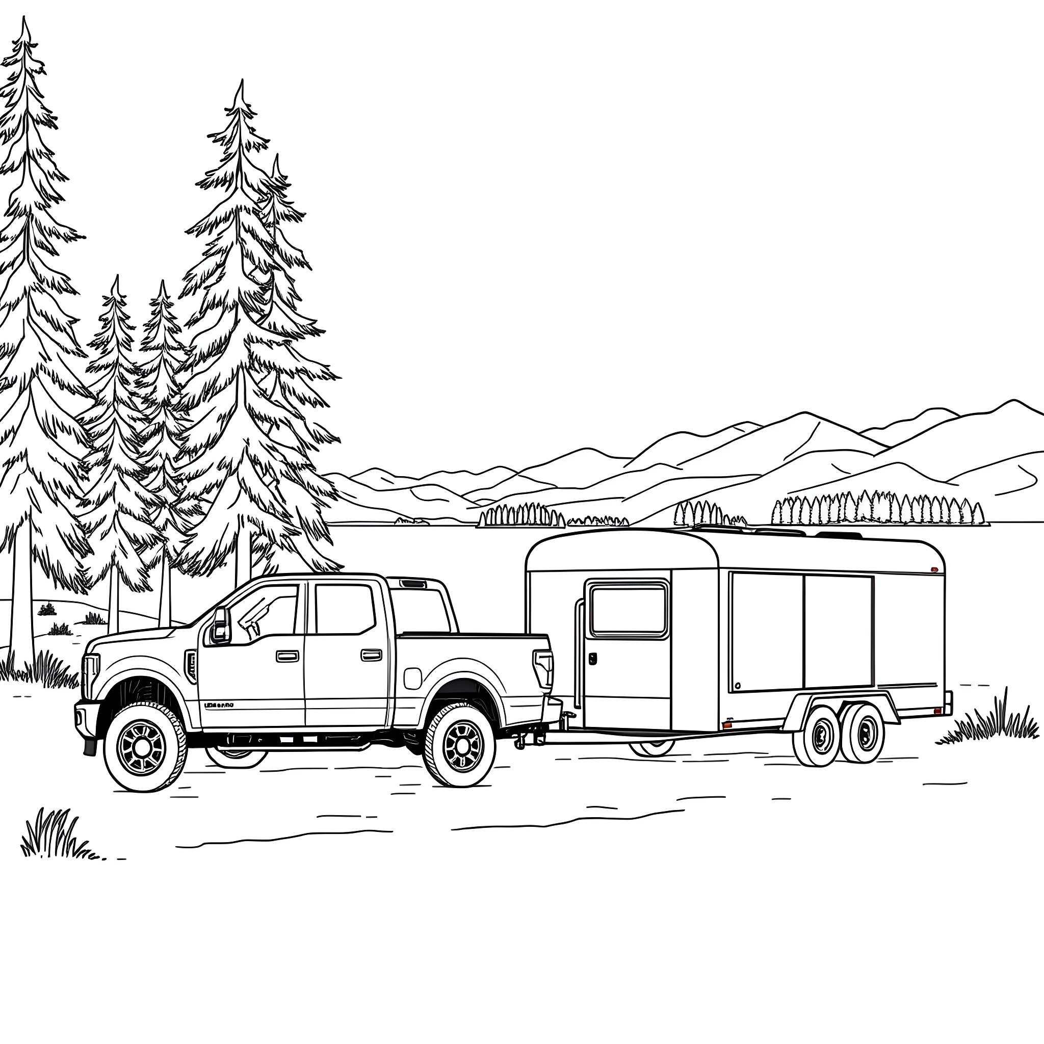 Pickup truck towing camper in scenic wilderness Coloring Page (free black-and-white line drawing printable PDF for all, from beginners to advanced learners, including children, teens, adults, and seniors)