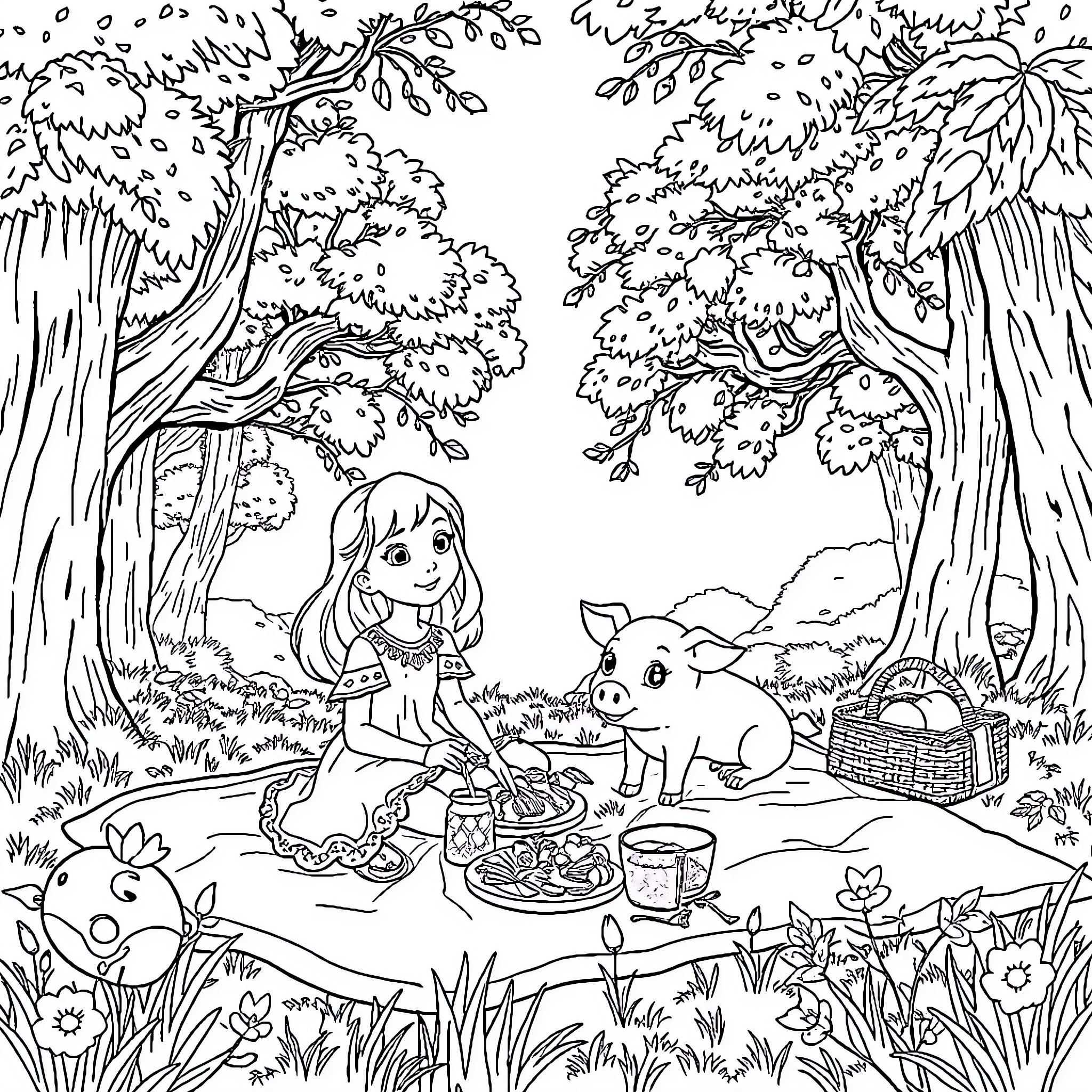 Eilonwy's Enchanting Forest Picnic with Friends Coloring Page (free black-and-white line drawing printable PDF for all, from beginners to advanced learners, including children, teens, adults, and seniors)