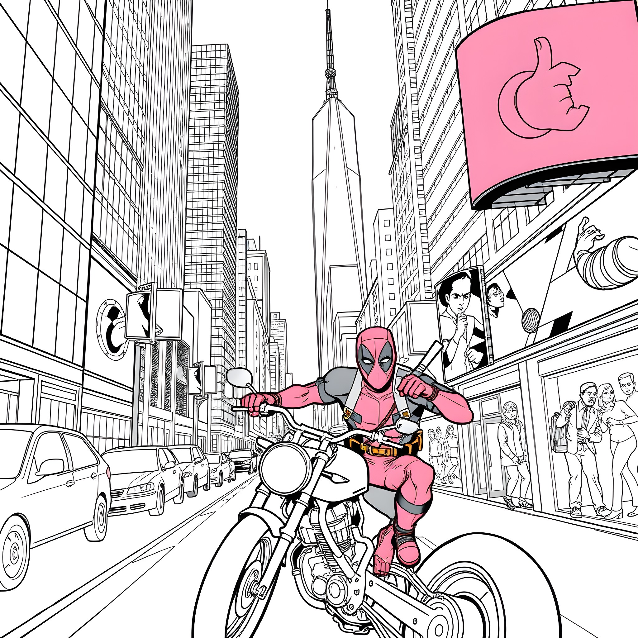 Deadpool's Thrilling Motorcycle Ride through the City Coloring Page (free black-and-white line drawing printable PDF for all, from beginners to advanced learners, including children, teens, adults, and seniors)