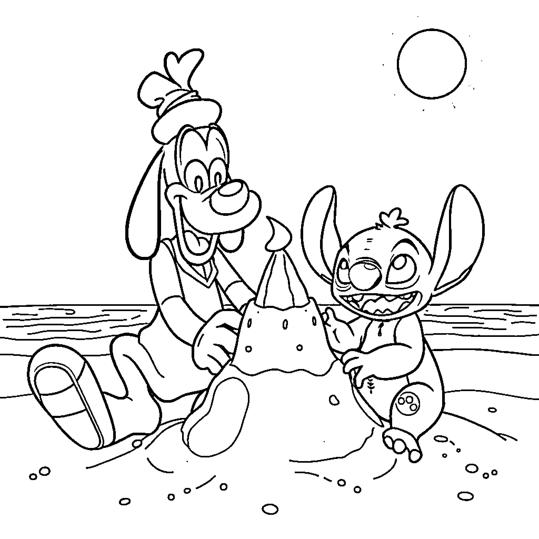 Goofy characters building a sandcastle on the beach Coloring Page (free black-and-white line drawing printable PDF for all, from beginners to advanced learners, including children, teens, adults, and seniors)
