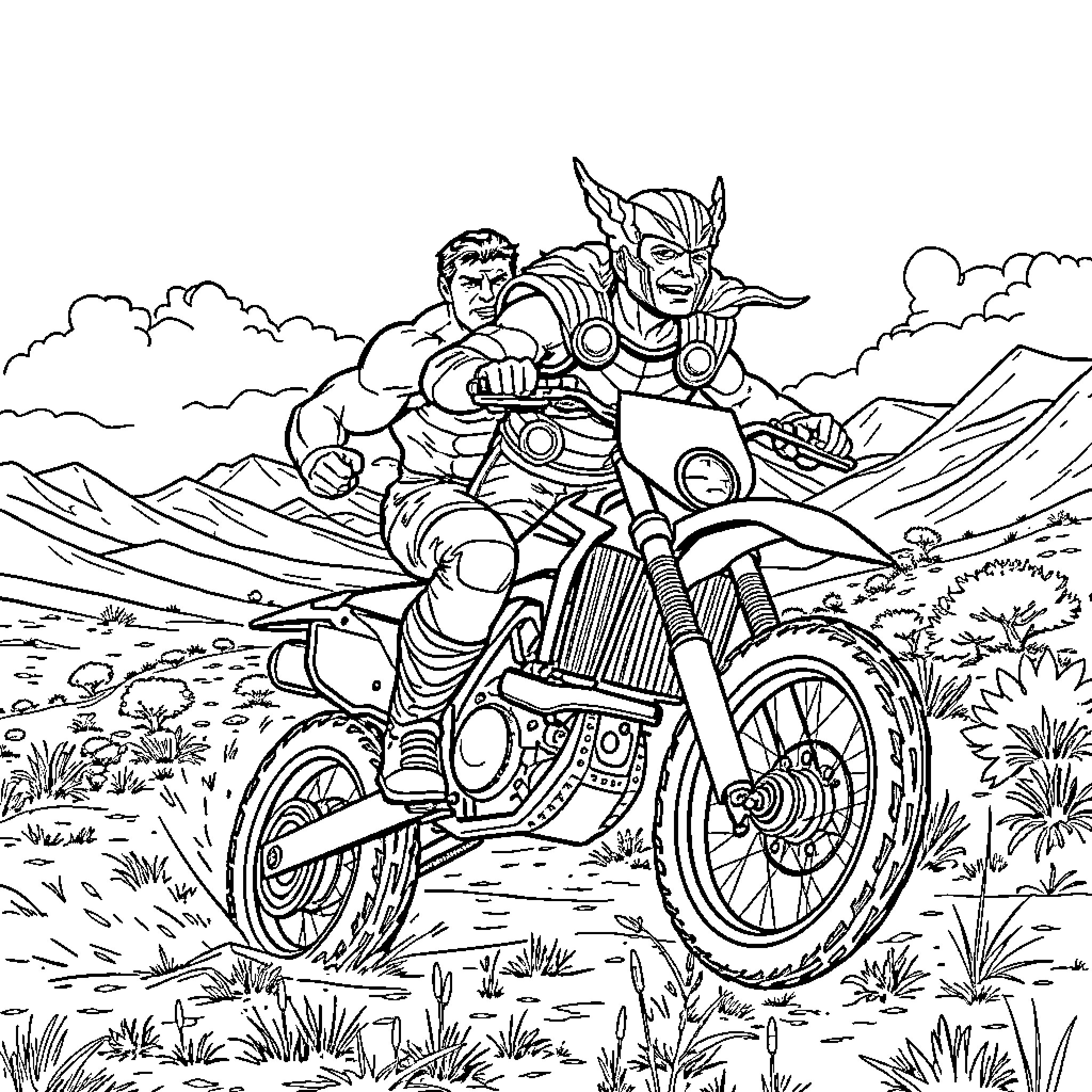 Hulk Riding Motorcycle Through Rugged Terrain Coloring Page (free black-and-white line drawing printable PDF for all, from beginners to advanced learners, including children, teens, adults, and seniors)