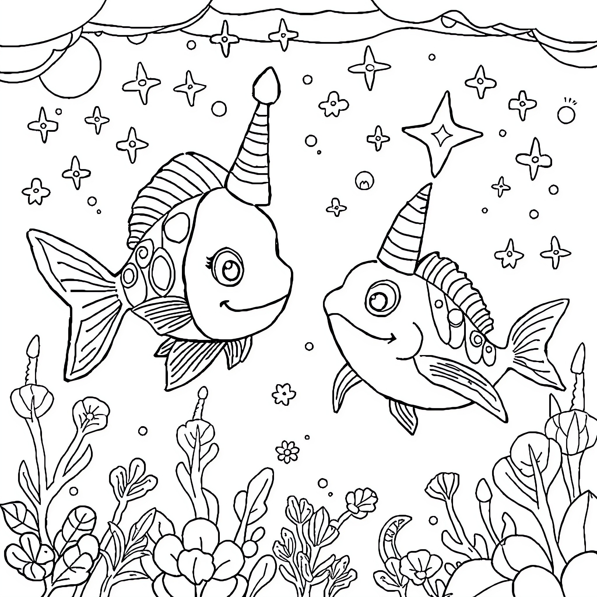 Sea Animals Playing in the Underwater Wonderland Coloring Page (free black-and-white line drawing printable PDF for all, from beginners to advanced learners, including children, teens, adults, and seniors)