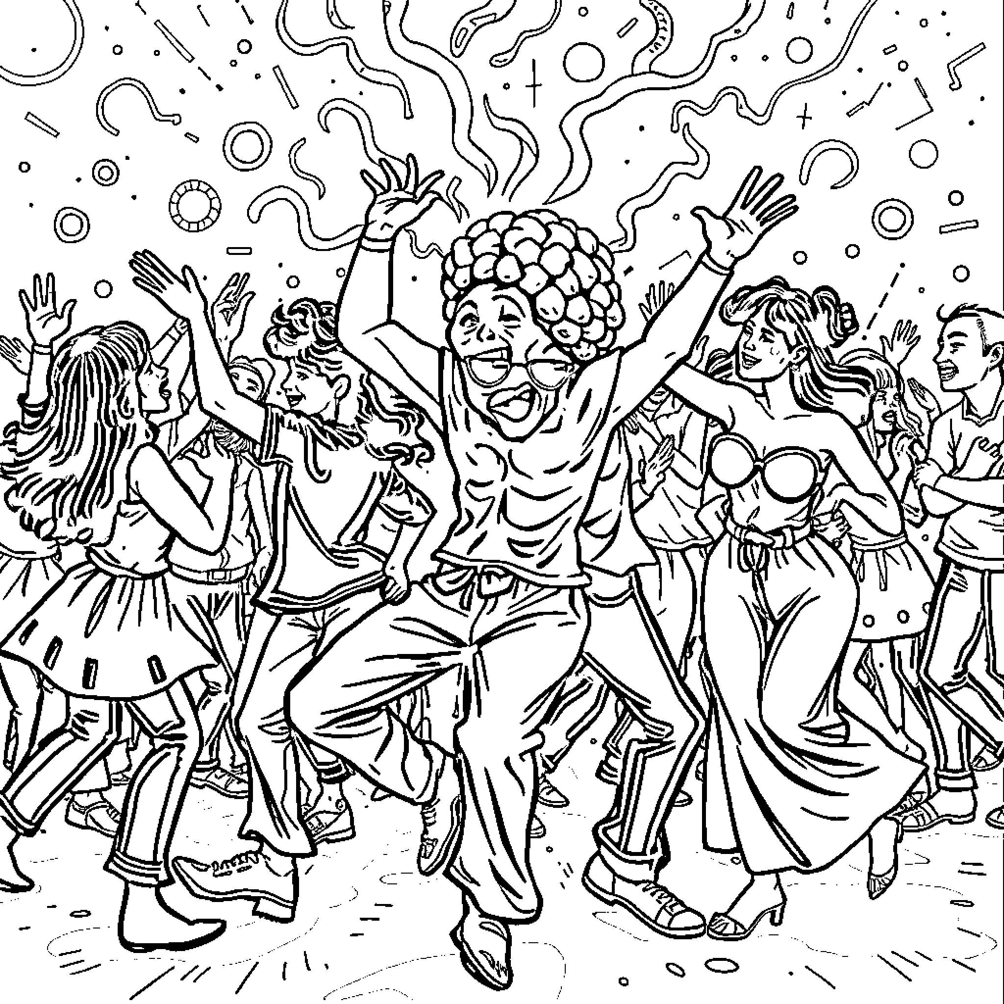 Brainrot: Vibrant party with dancing figures Coloring Page (free black-and-white line drawing printable PDF for all, from beginners to advanced learners, including children, teens, adults, and seniors)
