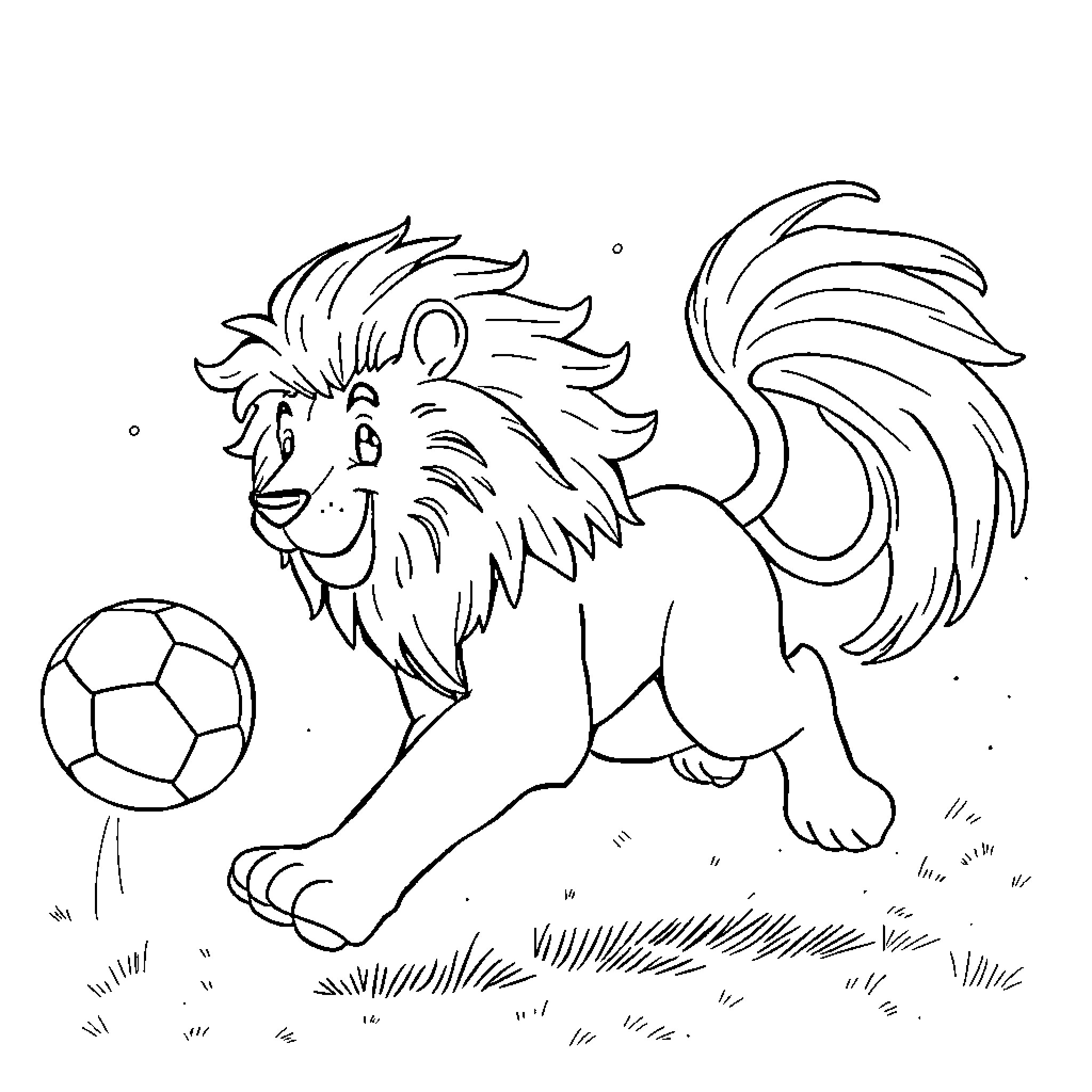 Lion playing with soccer ball in grassy field Coloring Page (free black-and-white line drawing printable PDF for all, from beginners to advanced learners, including children, teens, adults, and seniors)