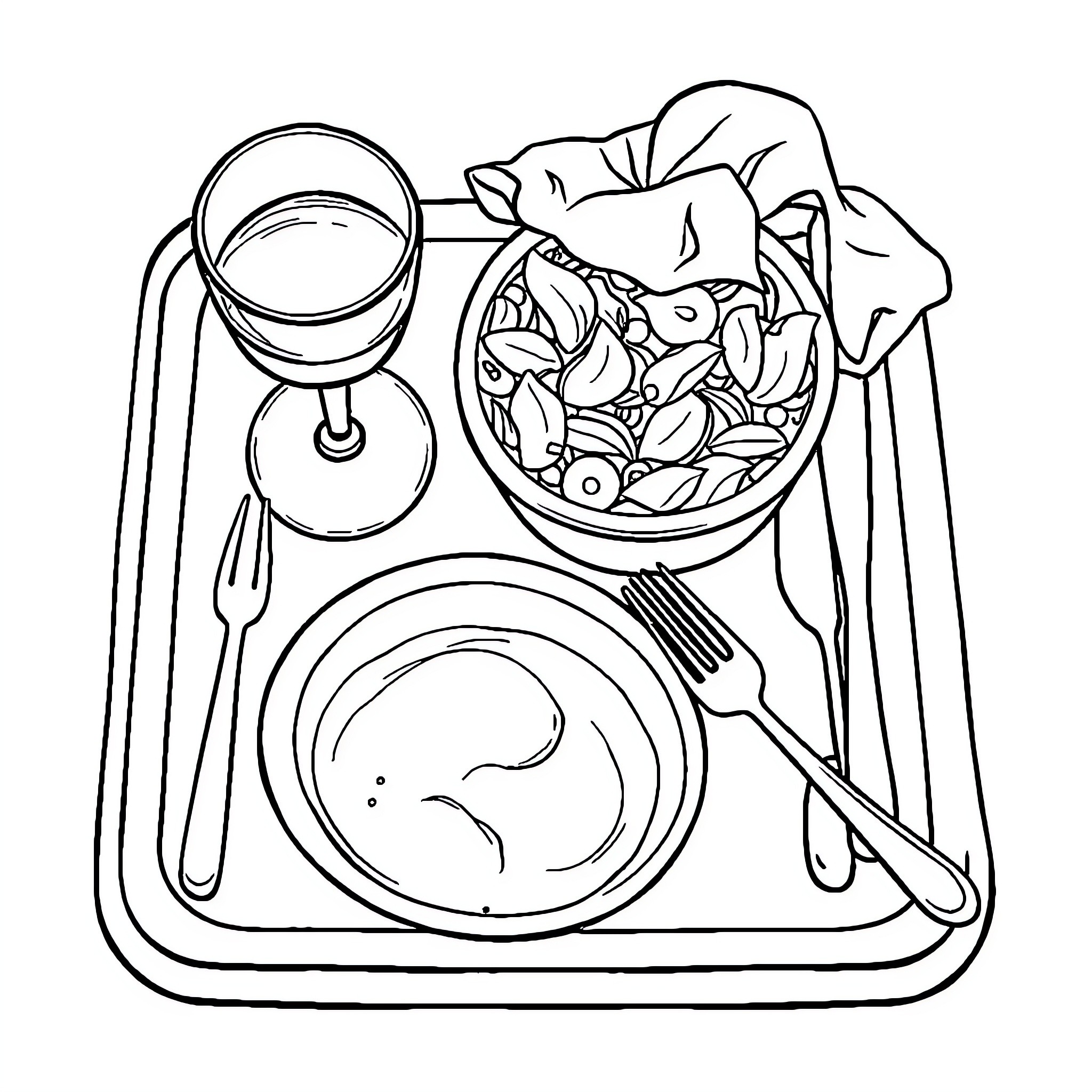 Food Tray with Assorted Dishes and Utensils Coloring Page (free black-and-white line drawing printable PDF for all, from beginners to advanced learners, including children, teens, adults, and seniors)