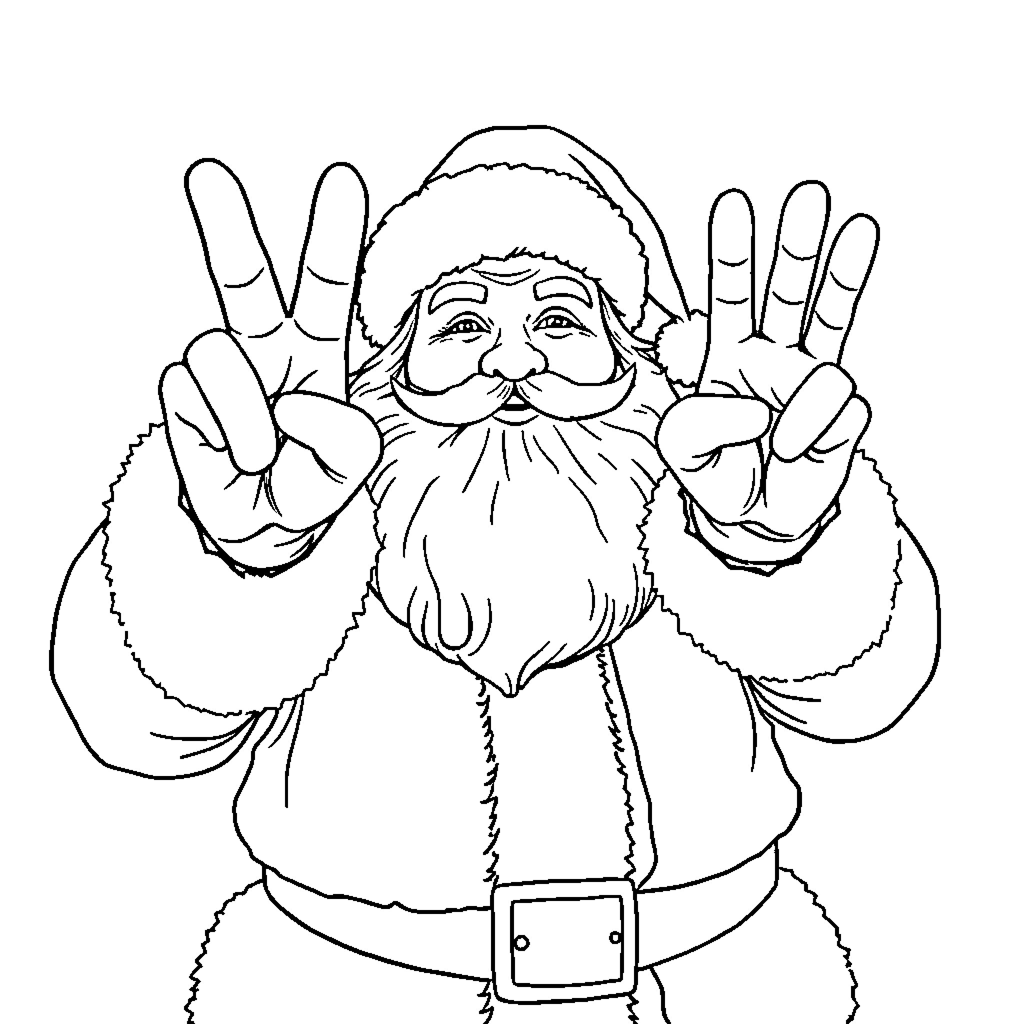 Santa Claus making a peace sign gesture Coloring Page (free black-and-white line drawing printable PDF for all, from beginners to advanced learners, including children, teens, adults, and seniors)